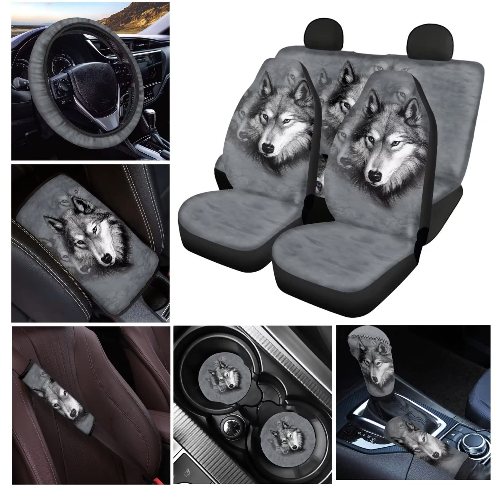 Housses De Siège Auto Loup Gris - Lot De 2, Polyester élastique, Lavables, Universelles