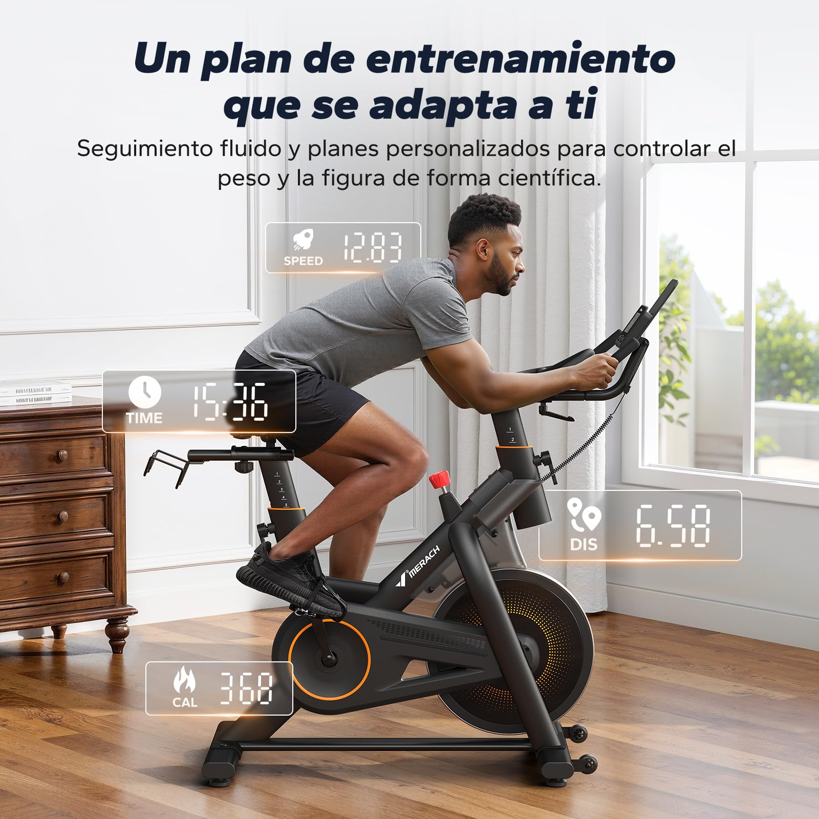 MERACH Bicicleta estática con resistencia magnética, silenciosa, con cojín de asiento cómodo mejorado, bicicleta de interior con soporte para tableta, aplicación propia, hasta 158 kg