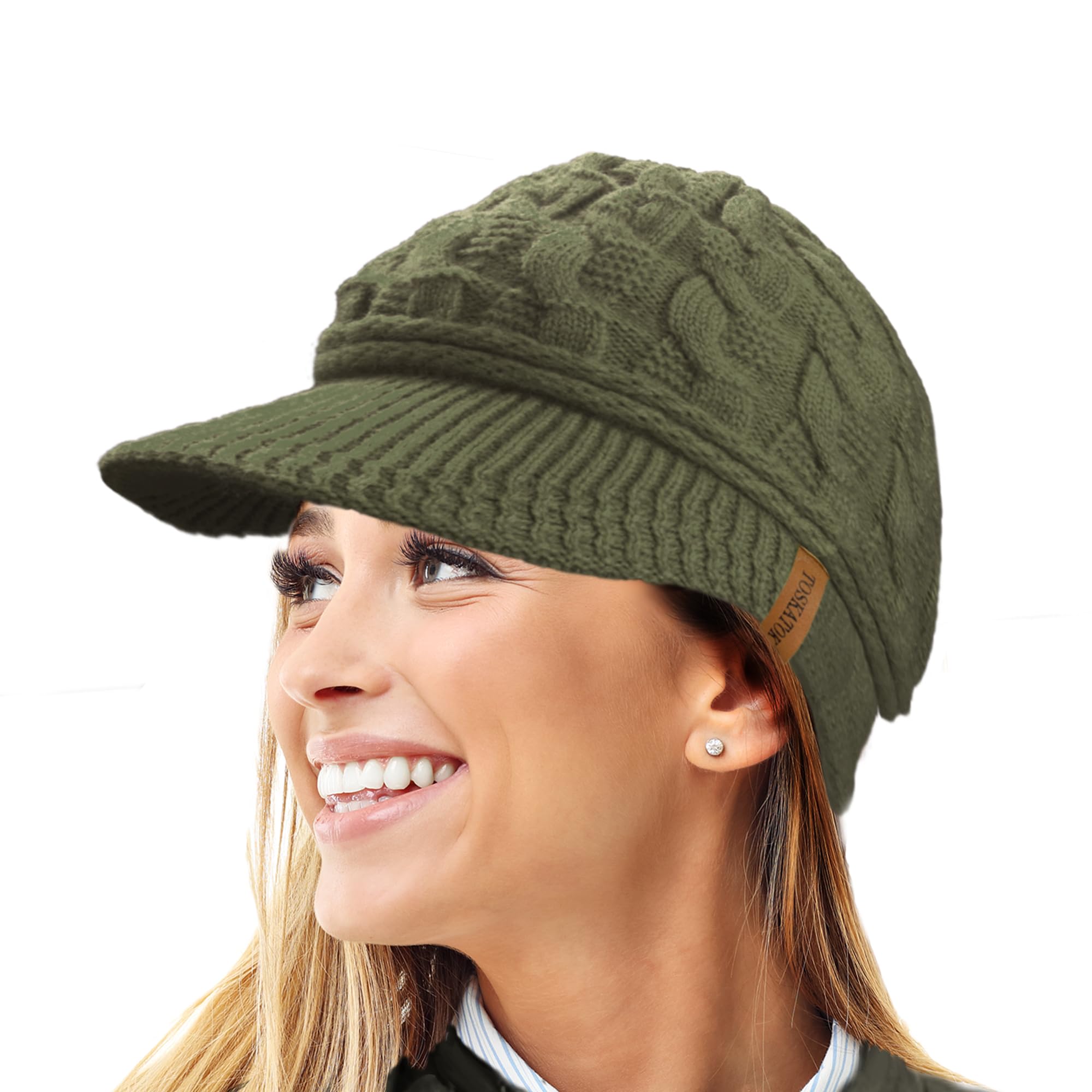TOSKATOK Ladies Peaked Cable Knit Warm R80 Teddy Fleece Lined Beanie Winter Hat Cap-ArmyGreen