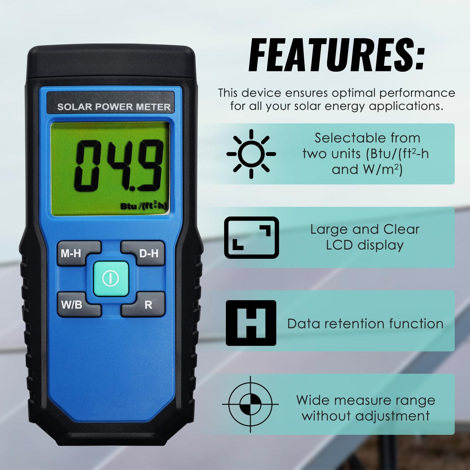 Digital Solar Power Meter Reader (Pyranometer) BTU / (ft2 * h) W / m2 Strahlung Energie Zelle Tester Auto Range
