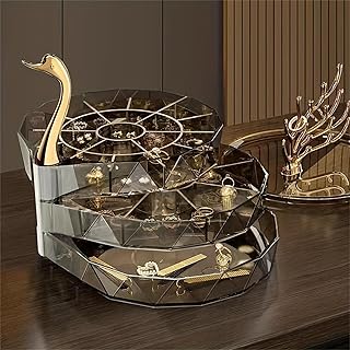 صندوق تخزين مجوهرات دوار من 3 طبقات من هيتر، حافظة مجوهرات على شكل قلب مع رف تعليق مجوهرات على شكل شجرة، حامل عرض مجوهرات فاخر - بلاستيك أكريليك، شبه شفاف مرئي (أسود، بجعة)