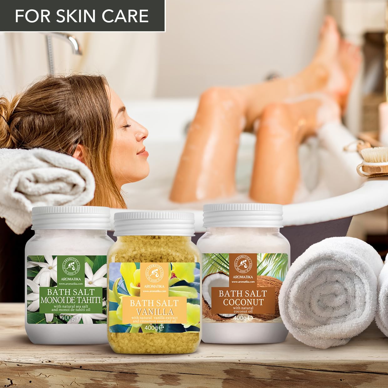 Set Sali da Bagno con 3x400g di Monoi de Tahiti - Vanilla - Cocco - Naturale al 100% - Ideale per Dormire Bene - Antistress - Bagno - Cura del Corpo - Benessere - Bellezza - Rilassamento - Spa