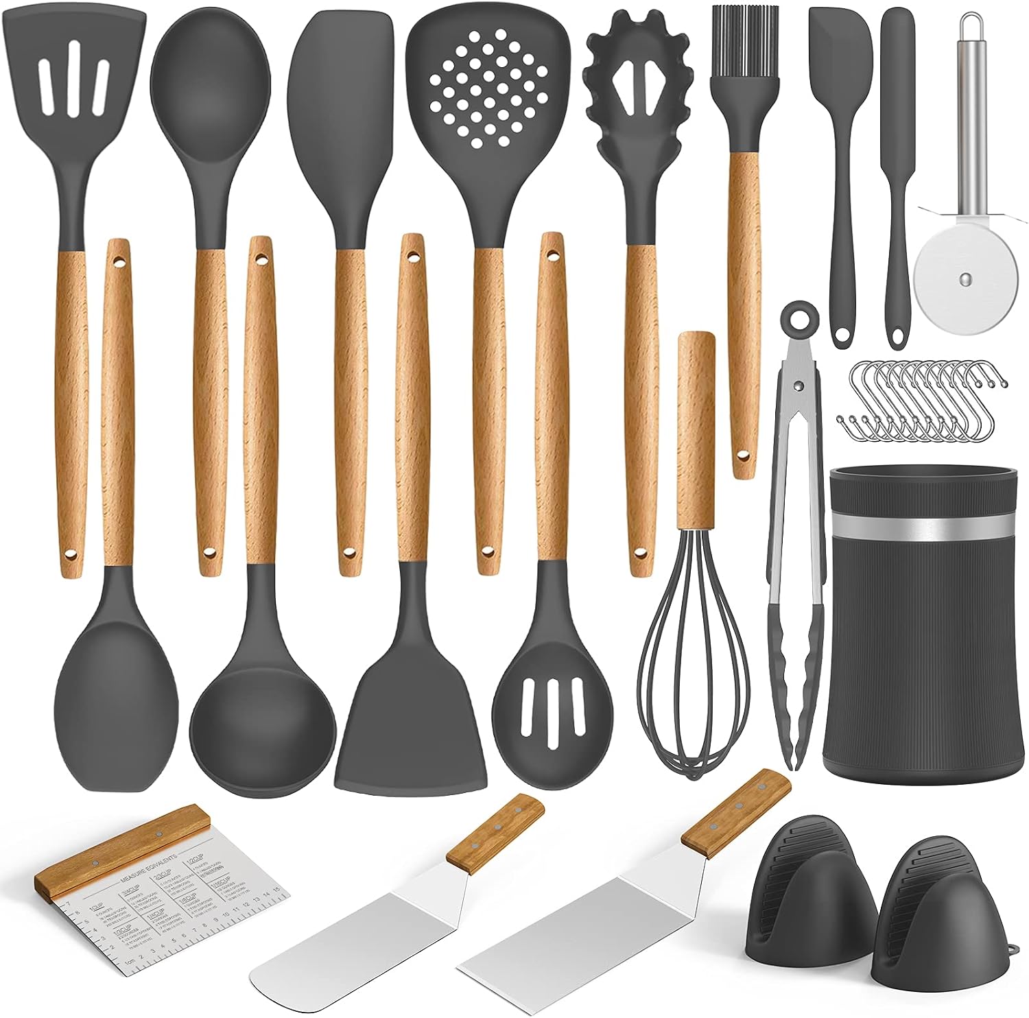 Silicone Cooking Utensils Kitchen Utensil Set with Holder, Umite Chef 31PCS 446°F Heat Resistant Kitchen Spatula set, Wooden Handles Kitchen Gadgets Tools Set for Nonstick Cookware (BPA Free, Grey)
