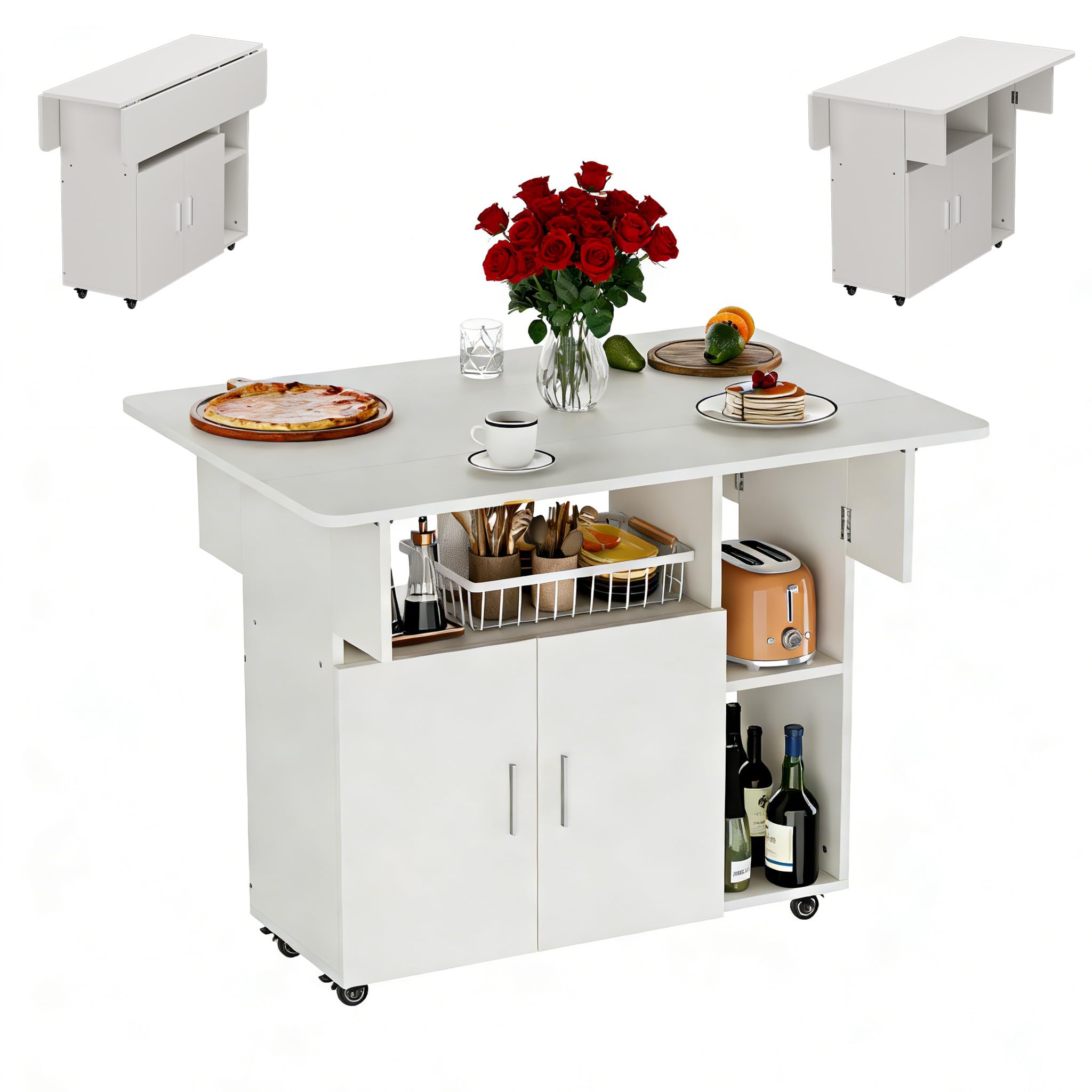 Ztexkee Mobile Folding Dining Table, Small Dining Table Drop Leaf Table with Cabinet and 2 Open Storage Shelves, Locking Wheels for Small Spaces, Apartment Kitchen Dining Room (White, 100x70x78cm)