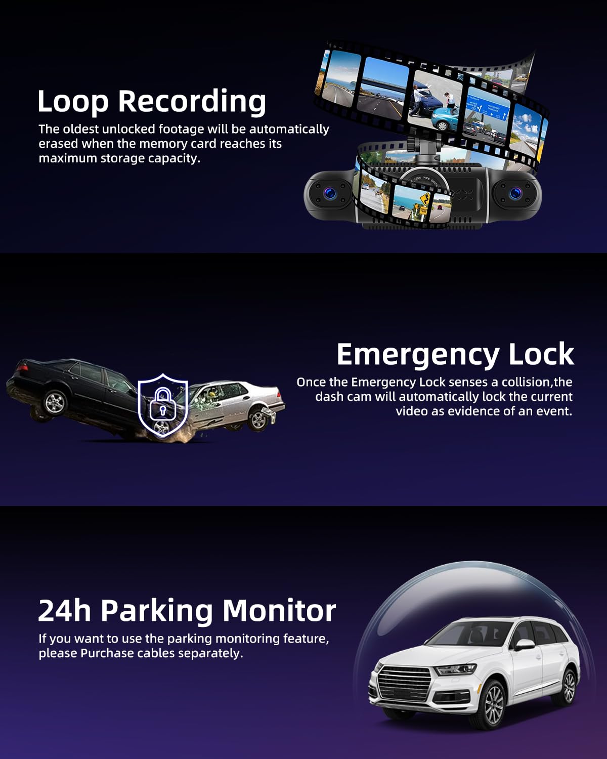 NHOPEEW Dash CAM de 4 Canales - 360°rotación Frontal Trasera Interior Izquierda Derecha 3 Pulgadas Auto Dashcam - Soporta grabación en Bucle G-Senseor Parking Monirot WiFi + Tarjeta de 64GB Gratis