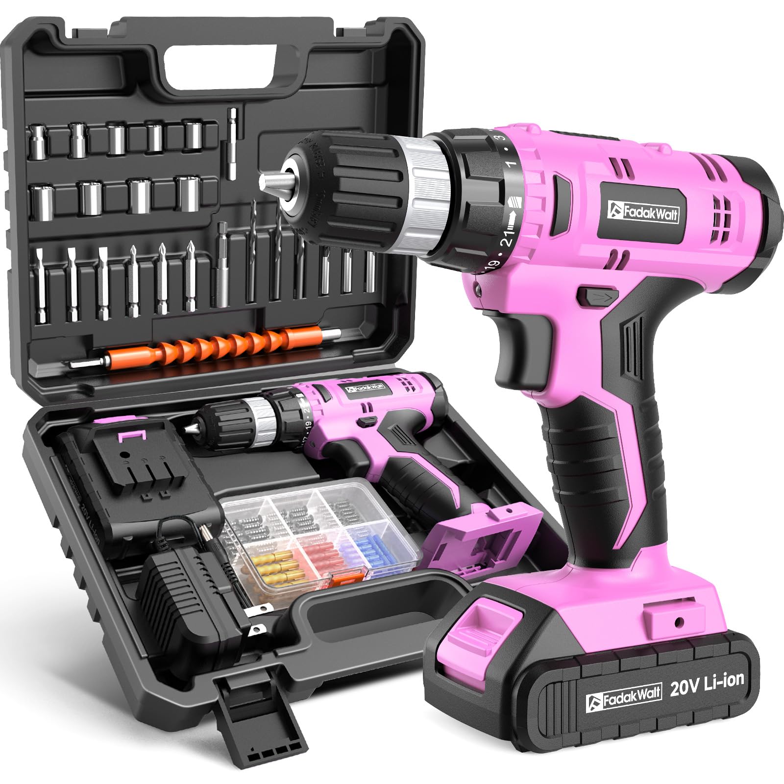 FADAKWALT Cordless Drill Set, 20V Electric Power Drill With Battery And Charger, 30N Torque, 21+1 Settings, 3/8-Inch Keyless Chuck, Driver Bits Kit, LED Light (Pink)