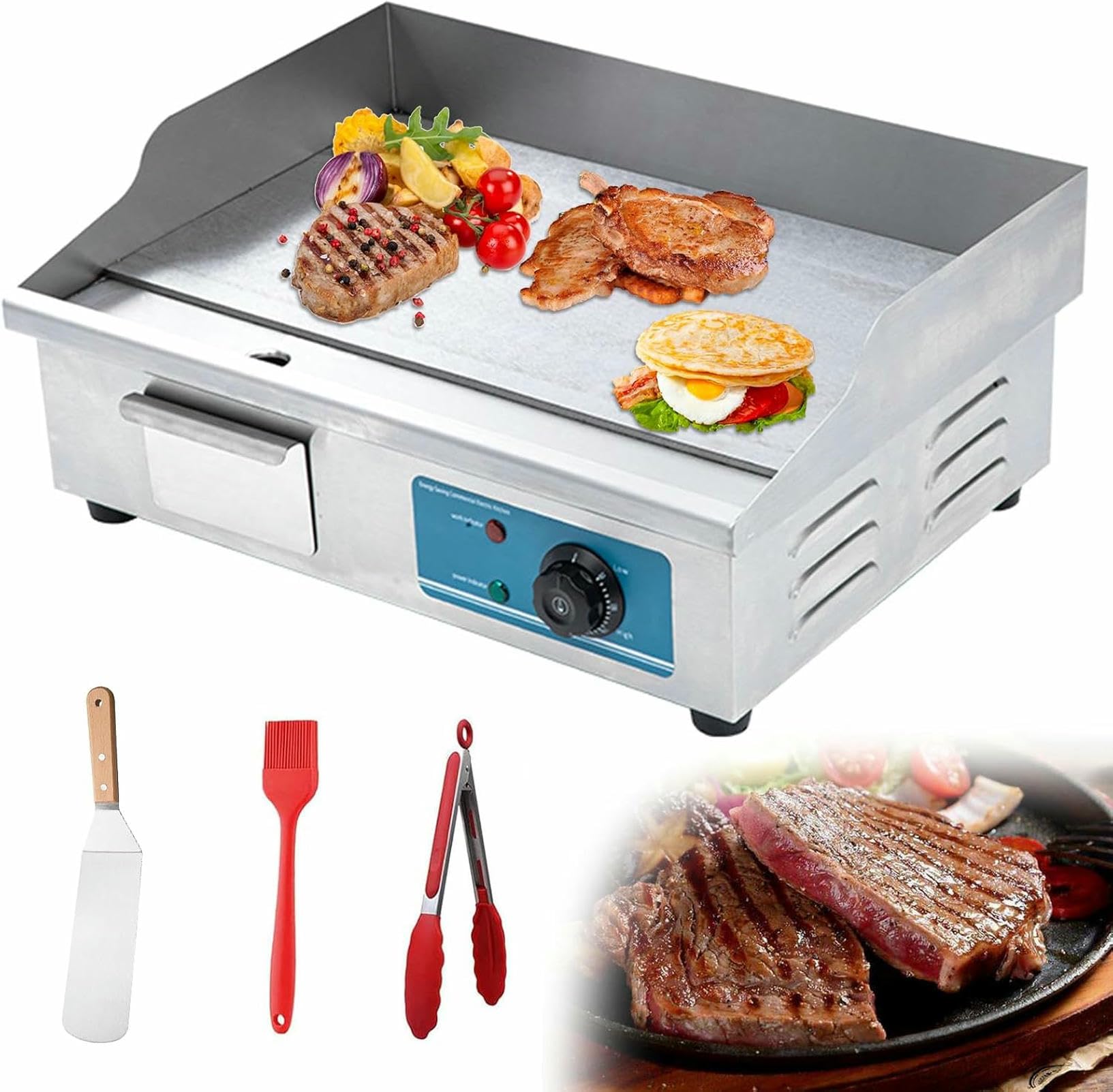 FHRKA Electric Countertop Griddle Flat Top Grill Hot Plate BBQ Commercial Grill with Large Cooking