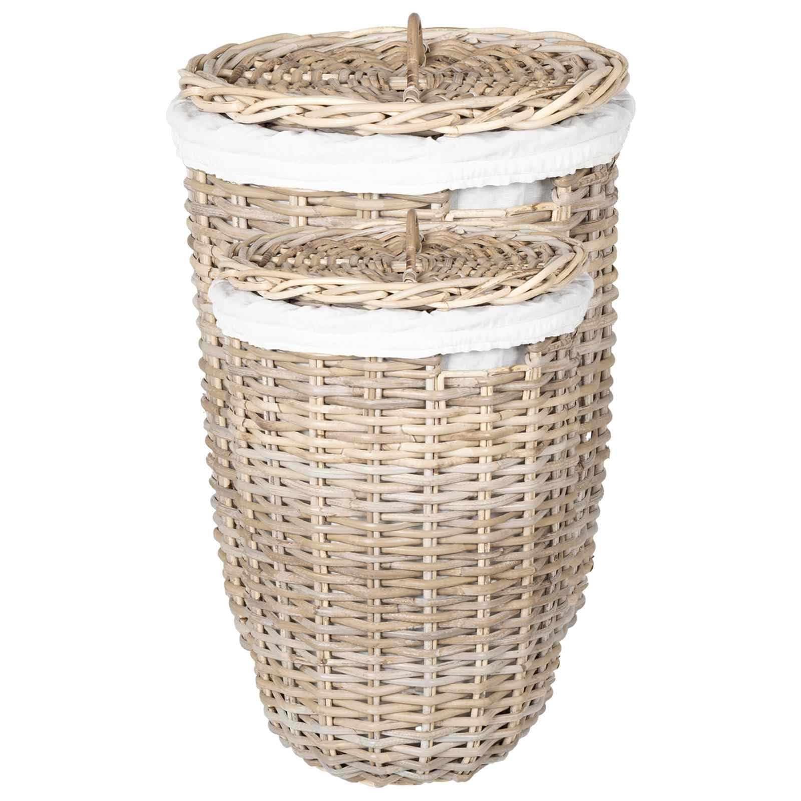 Wäschekorb Mit Deckel 2 Stück Kubu Rattan Grau | Zylindrisch, 42x60 cm und 30x45 cm, Innenfutter aus Belacu-Stoff, für Schlafzimmer und Wohnzimmer