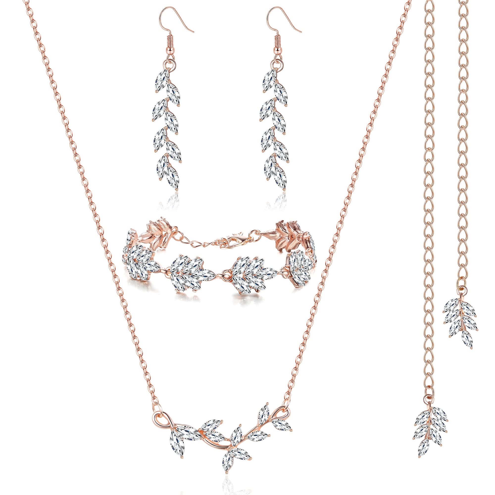 Kakonia Juego de joyas para boda y novia para mujer, con diamantes de imitación de cristal, collar, pendientes, pulsera, conjunto de bisutería para mujer, regalo de dama de honor