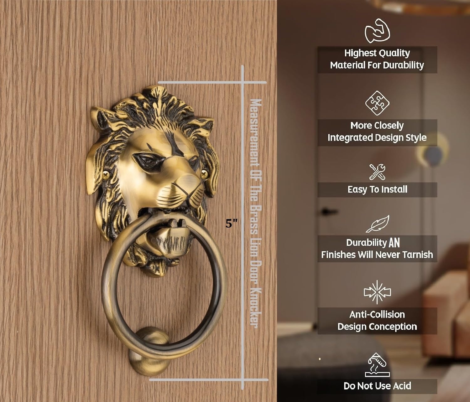 COMPASS Lion Mouth Brass Home Decor | Door Decor | Door Knocker with Antique Finish | 5" | Pack of 1 1