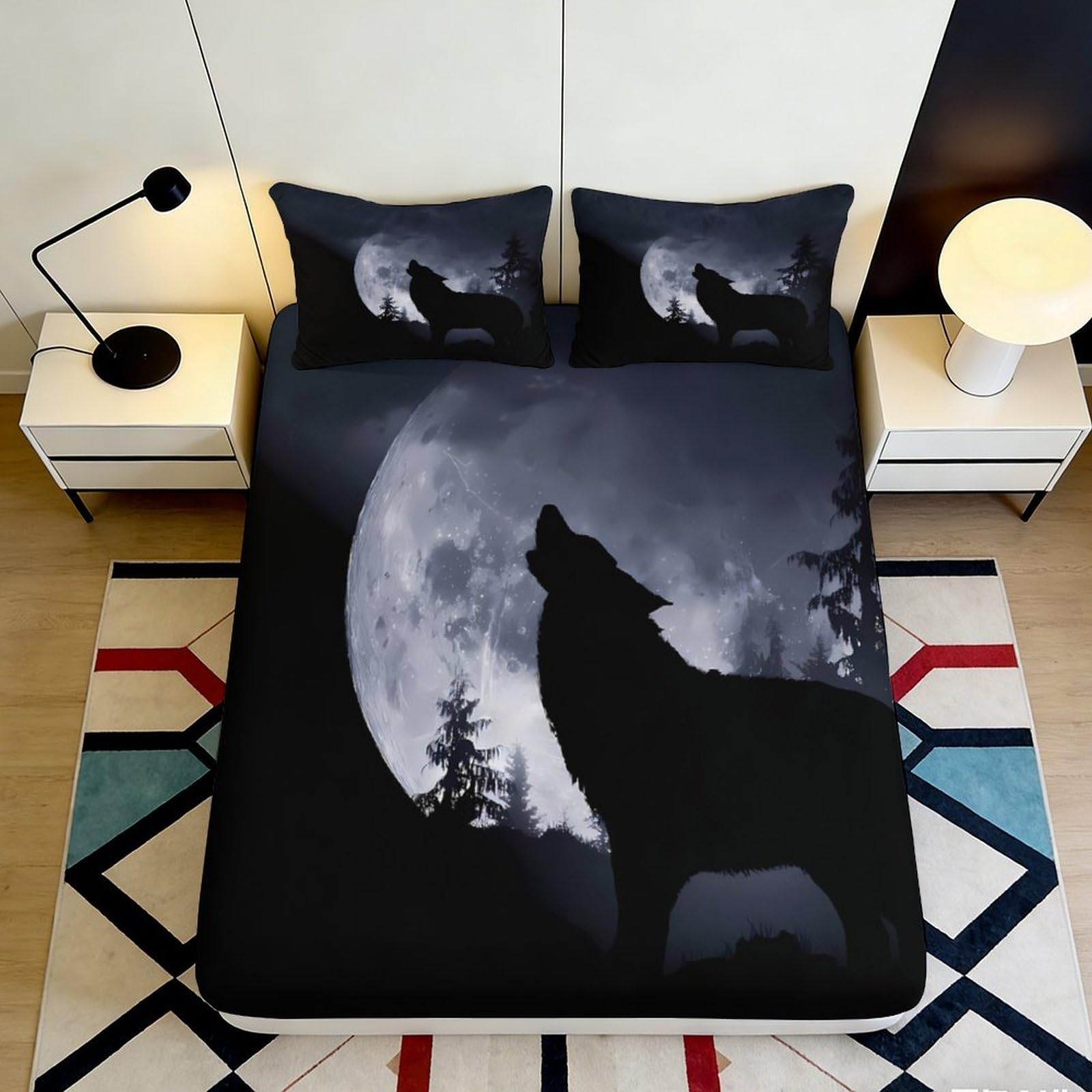 Pnayamiorkfel Style-8 3D Printed Wolf Moon Fitted Sheet Microfiber Soft Decor Forest Night Mattress Cover For Bedroom Guest Room 90X200x25cm