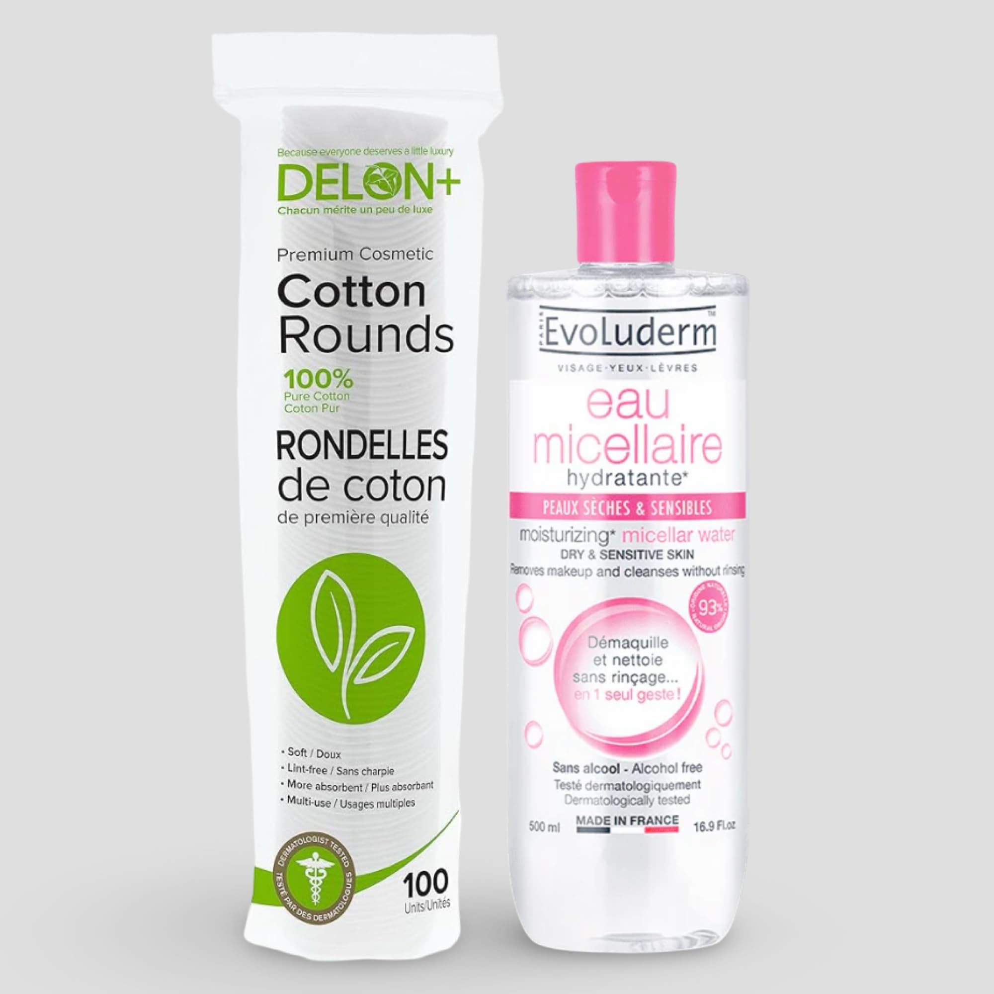 Moisturising Micellar Cleansing Water 500ml Set and Premium Cotton Rounds 100-Pack, Make-Up Remover Dry & Sensitive Skin