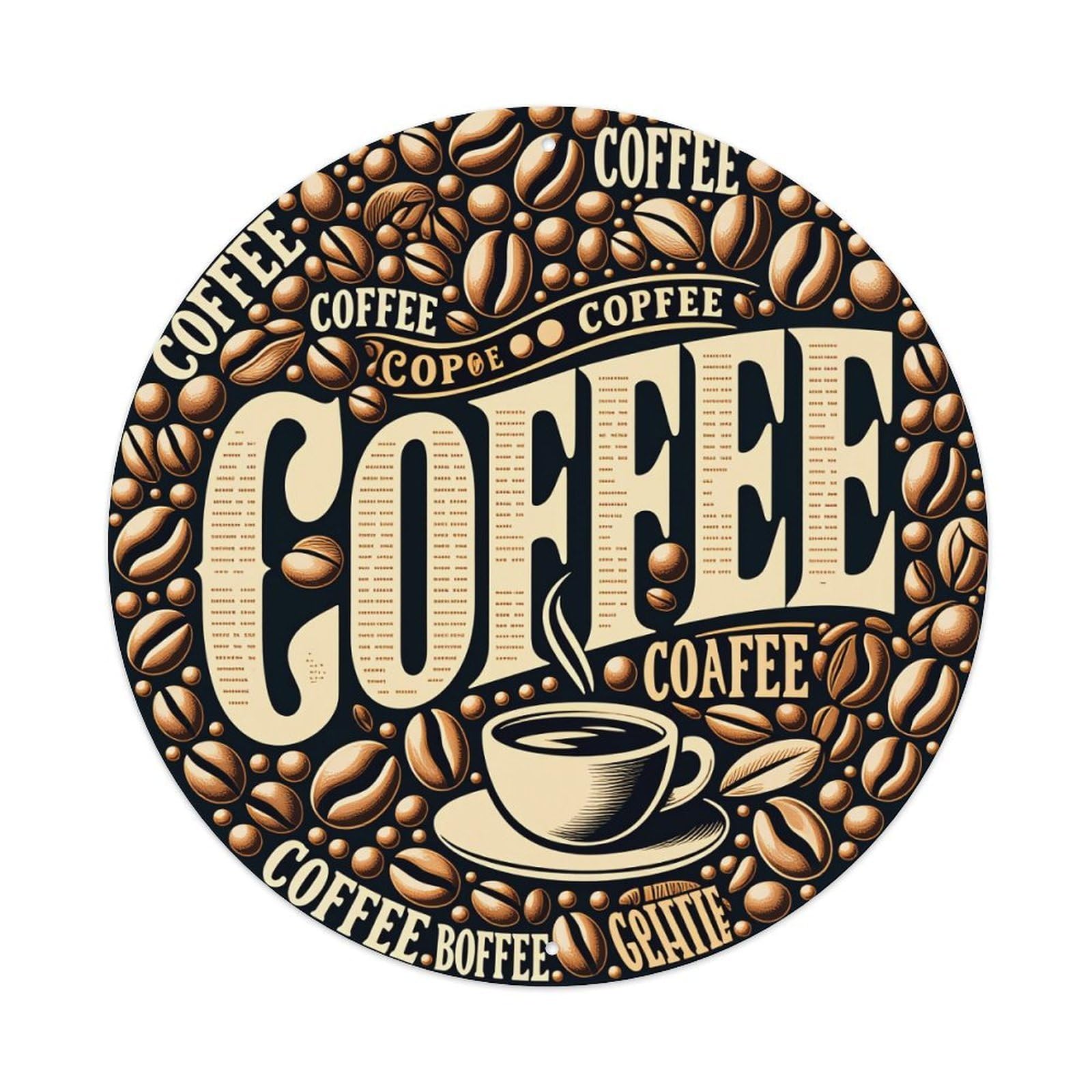 Coffee Beans Cup Steam Pattern Round Tin Sign Vintage Metal Poster Retro Bar, Home, Man Cave, Kitchen, Laundry Room Wall Art Decor Gift 8x8Inch
