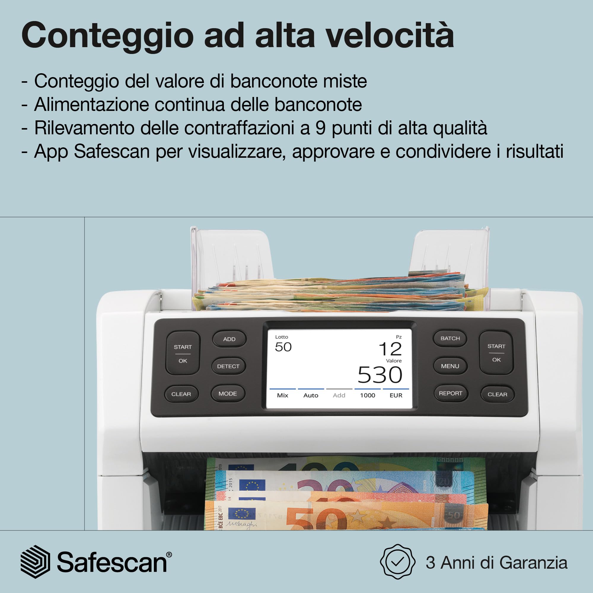 Safescan 2865-SC Contabanconote che conta il valore le banconote miste - Alimentazione continua - Contabanconote con rilevatore di denaro falso a 9 punti - Contasoldi con l'app gratuita Safescan