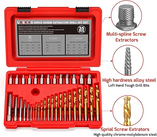 Miniatura 2 de YESKING Juego de 35 extractores de tornillos y brocas, extractores de múltiples estrías, extractores de pernos, brocas y extractor de tornillo en