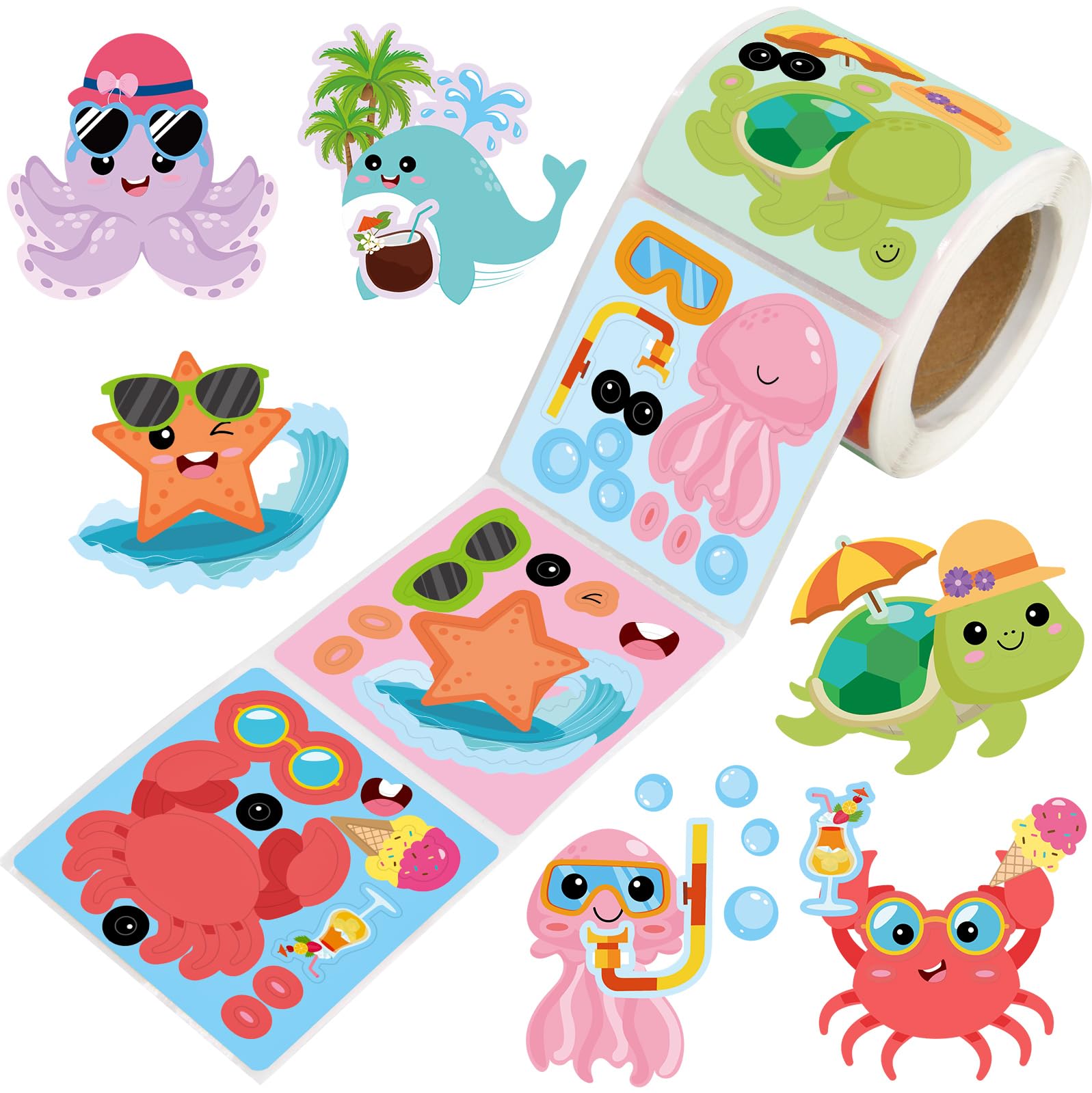 Ocean Animal Stickers for Kids Make Your Own Summer Sea Animal Rolled Scene Stickers 200Pcs DIY Art Craft for Party Favors Classroom Activities Decorations