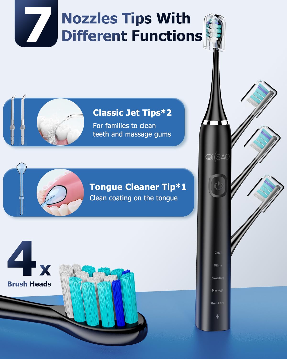 Cepillo de dientes eléctrico con hilo dental de agua: tanque de agua grande de 600 ml y limpieza ultrasónica, cuidado de encías y blanqueamiento, 5 modos de cepillo y 10 ajustes de presión para