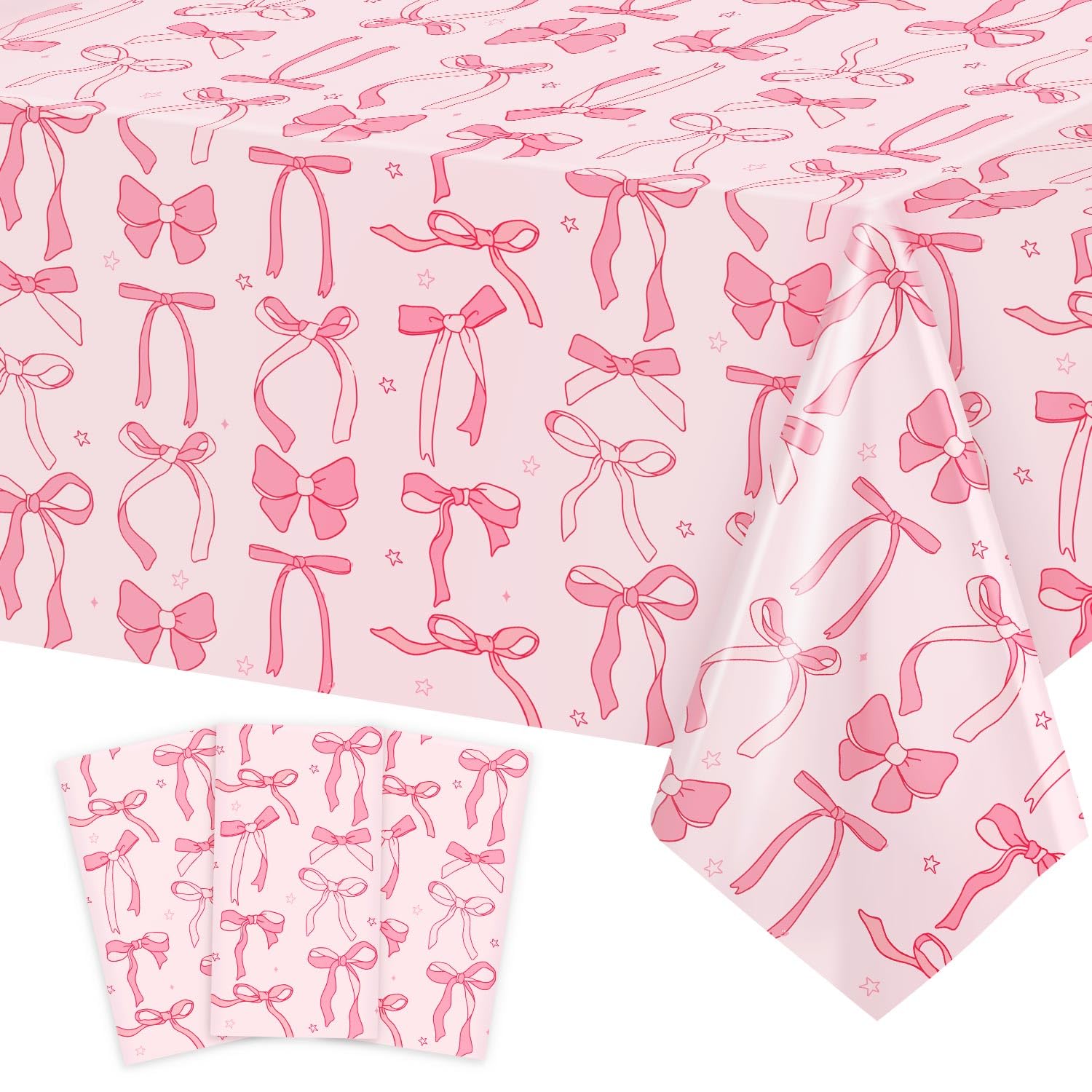 3Pcs Coquette Birthday Decorations Tablecloths, Pink Bow Birthday Decorations Large Size Rectangle Girls Table Cloths 54 x 108 Inch