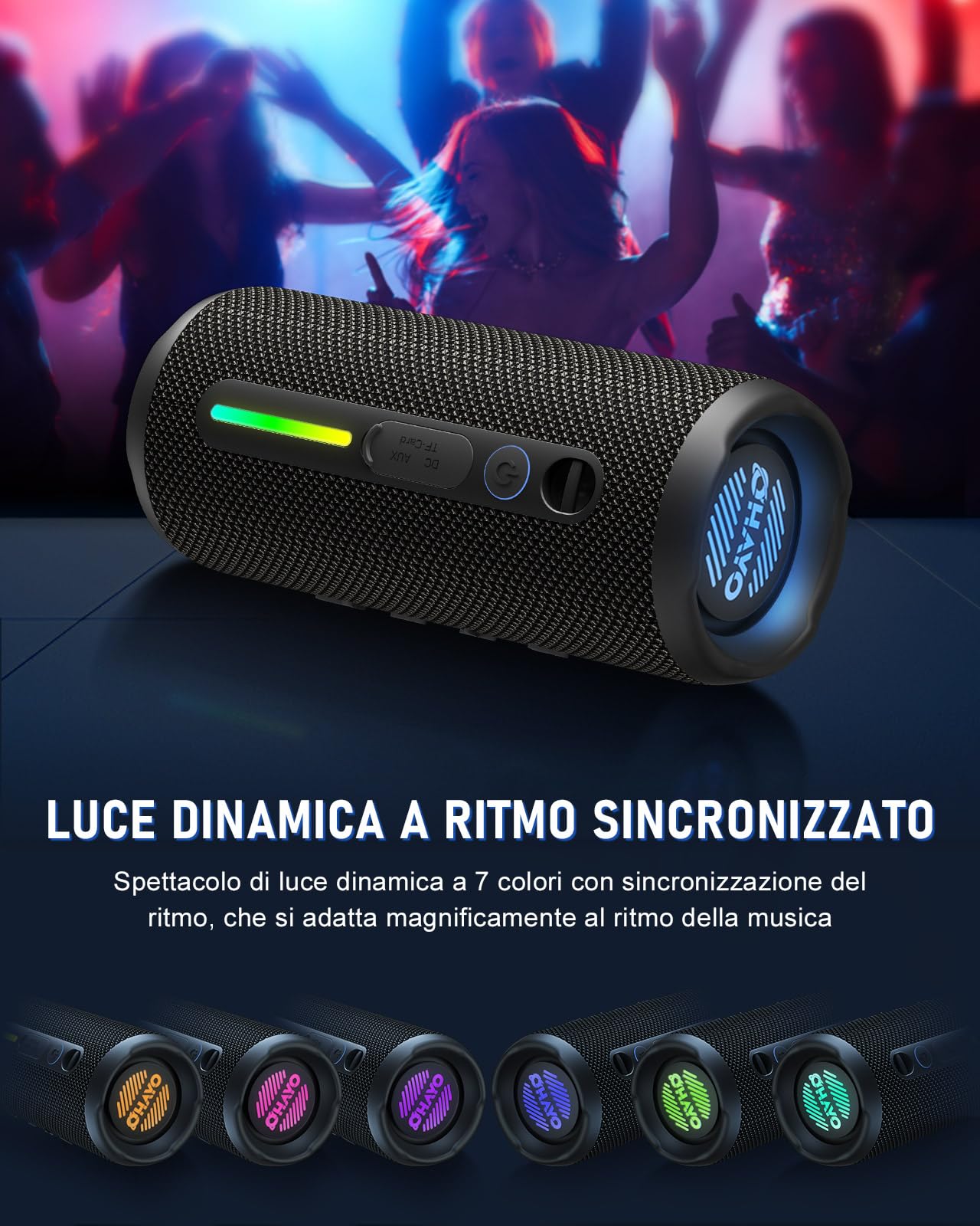 OHAYO Cassa Bluetooth Potente Portatile 24W, Altoparlante Bluetooth 5.3 con luci RGB e funzione di potenziamento dei bassi, 30 Ore di Gioco, Impermeabile IPX7, Adatto per Uso All'aperto, Feste