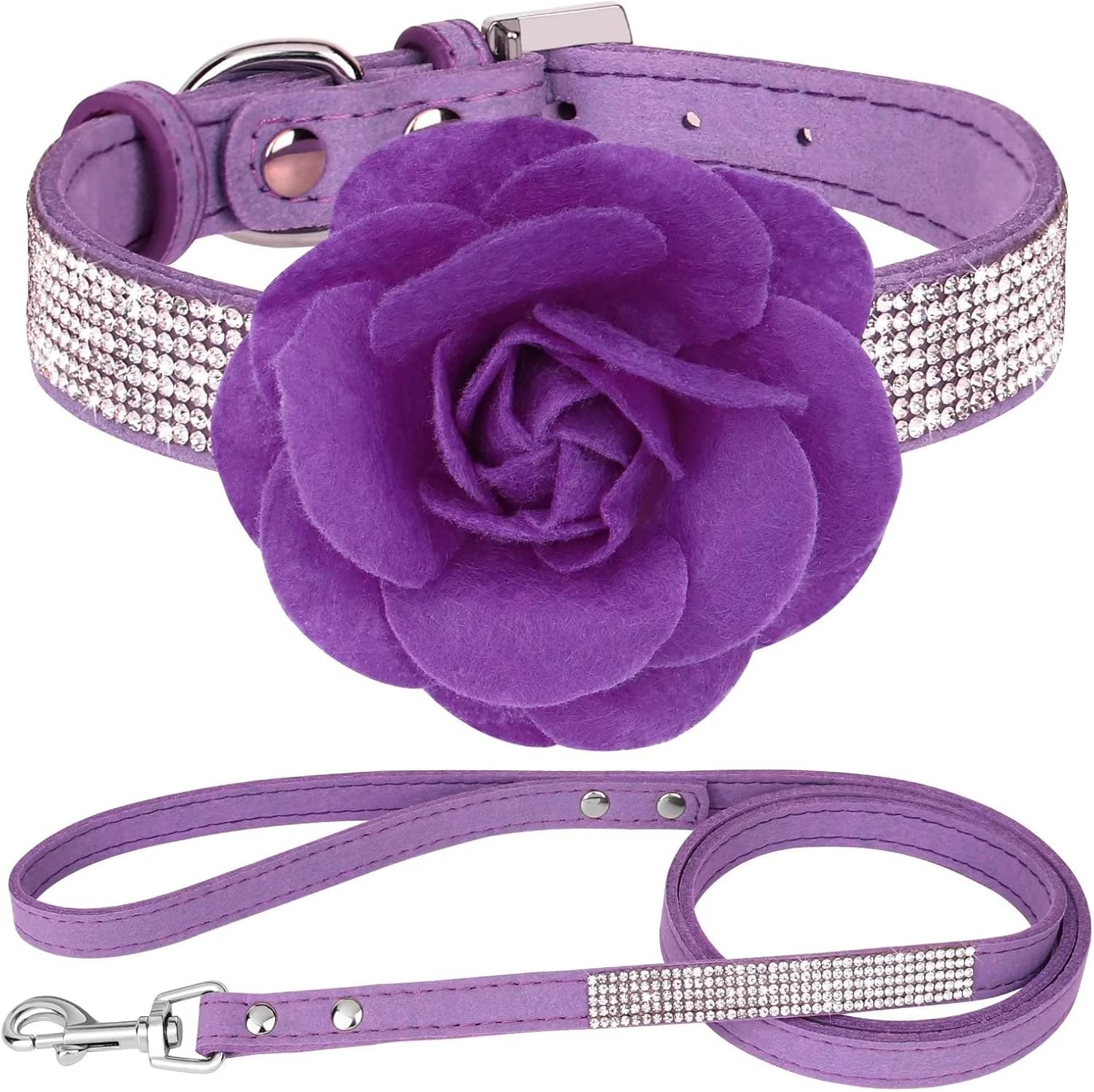 Beirui Bling Rhinestone Dog Collar and Leash Set Soft Suede Leather Sparkling Dog