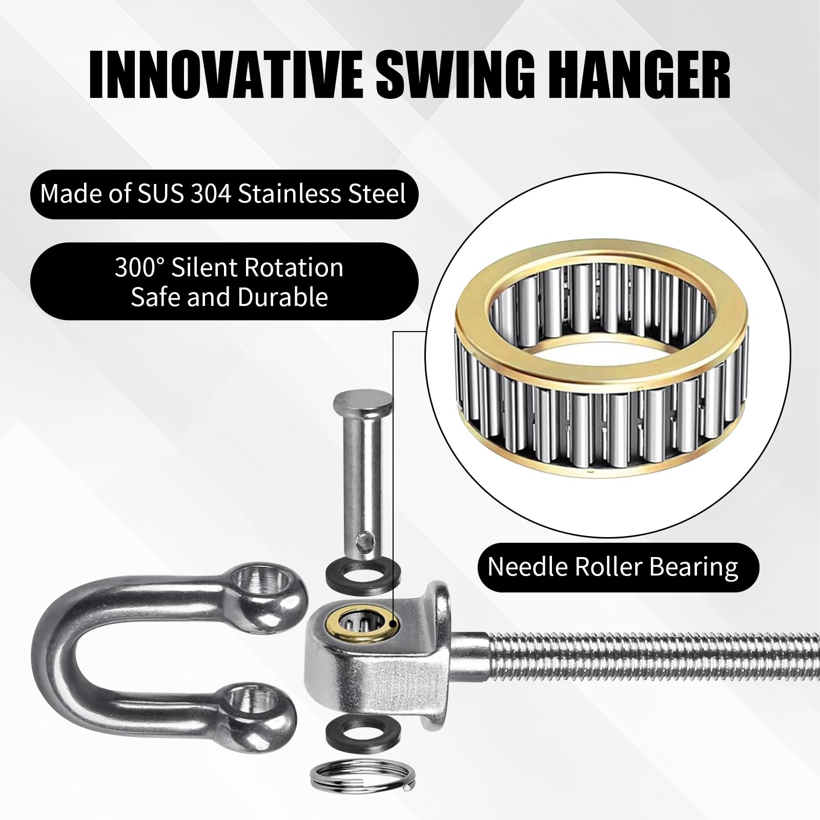 Ganci per Altalena Resistenti in Acciaio Inox con Cuscinetti Confezione da 4, Bulloni M10 Girevole, capacità 680 kg, per Travi in Legno e Acciaio, Altalena Portico, Sedia Sospesa (4)