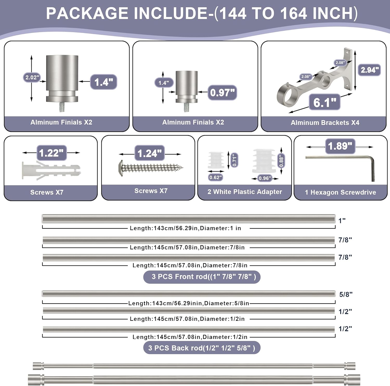 Double Curtain Rod 140 to 164 Inch,1 Inch Heavy Duty Curtain Rods for Windows with Solid Aluminum Cylindrical Finials and Bracket,1’’ Front and 5/8’’ Back Telescoping Double Drapery Rod,Brushed Nickel