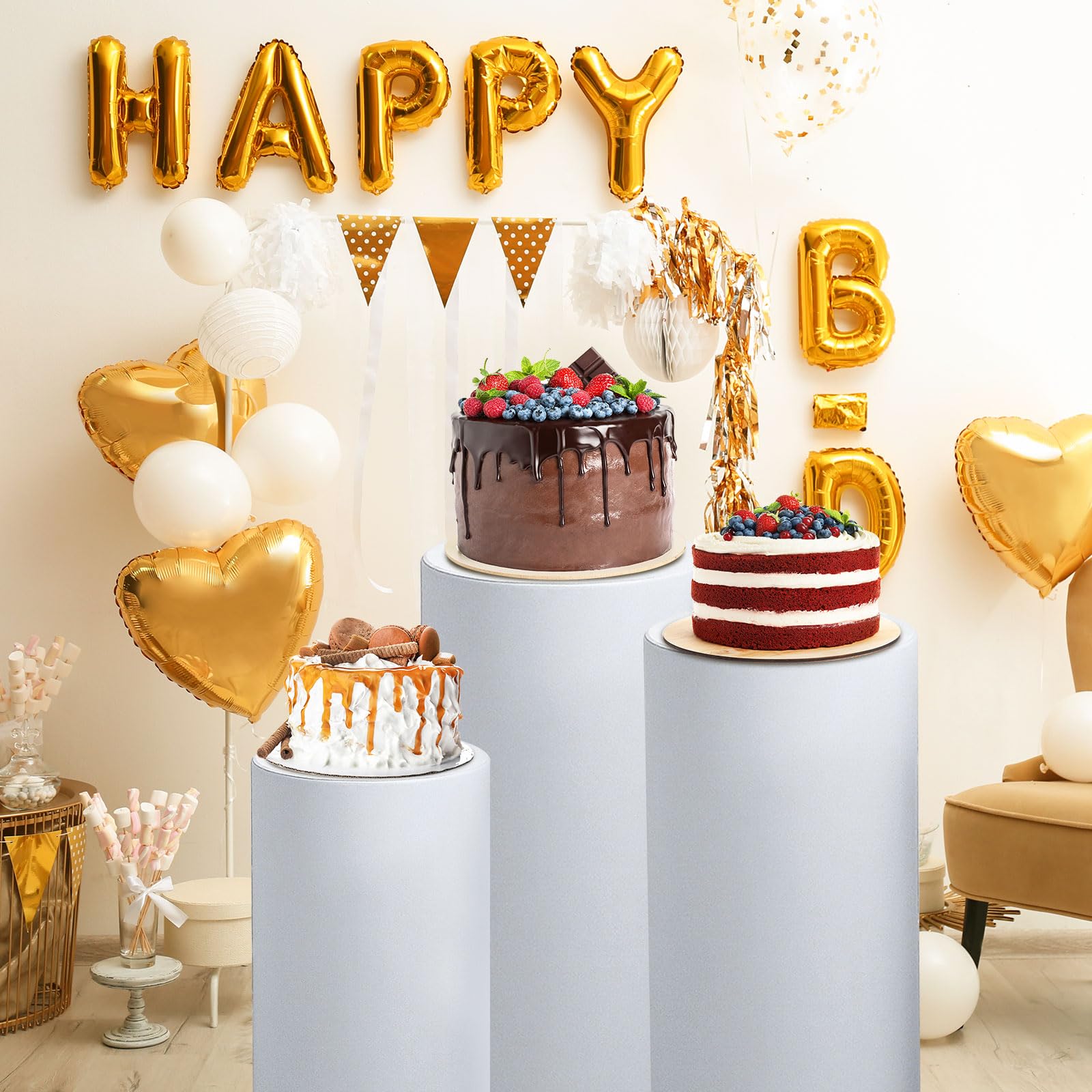 QUARKZMAN Set of 3 Cylindrical Base Covers Gray Spandex, Wedding Anniversary Party Decoration, Elastic Fabric Large