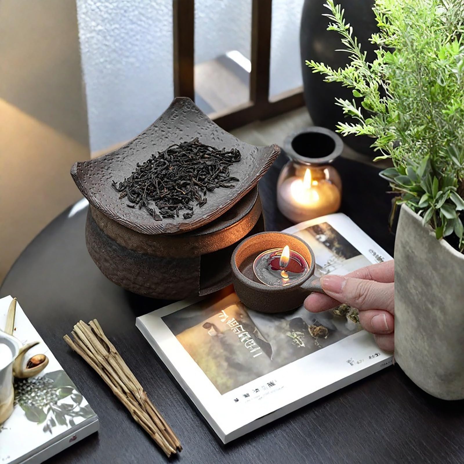 Ceramiczna kuchenka do aromaterapii, palnik olejków eterycznych, palnik do aromaterapii cedrowej i zen, ręcznie wykonany zestaw kadzidełek Zen do medytacji, relaksu i dekoracji sypialni