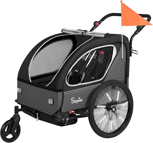 Sepnine Kids Bike Trailer, 2 in1 Canopy Carrier Converts to Pushcart Suitable for 1 to 2 Toddlers, Kids, Quick Attach to