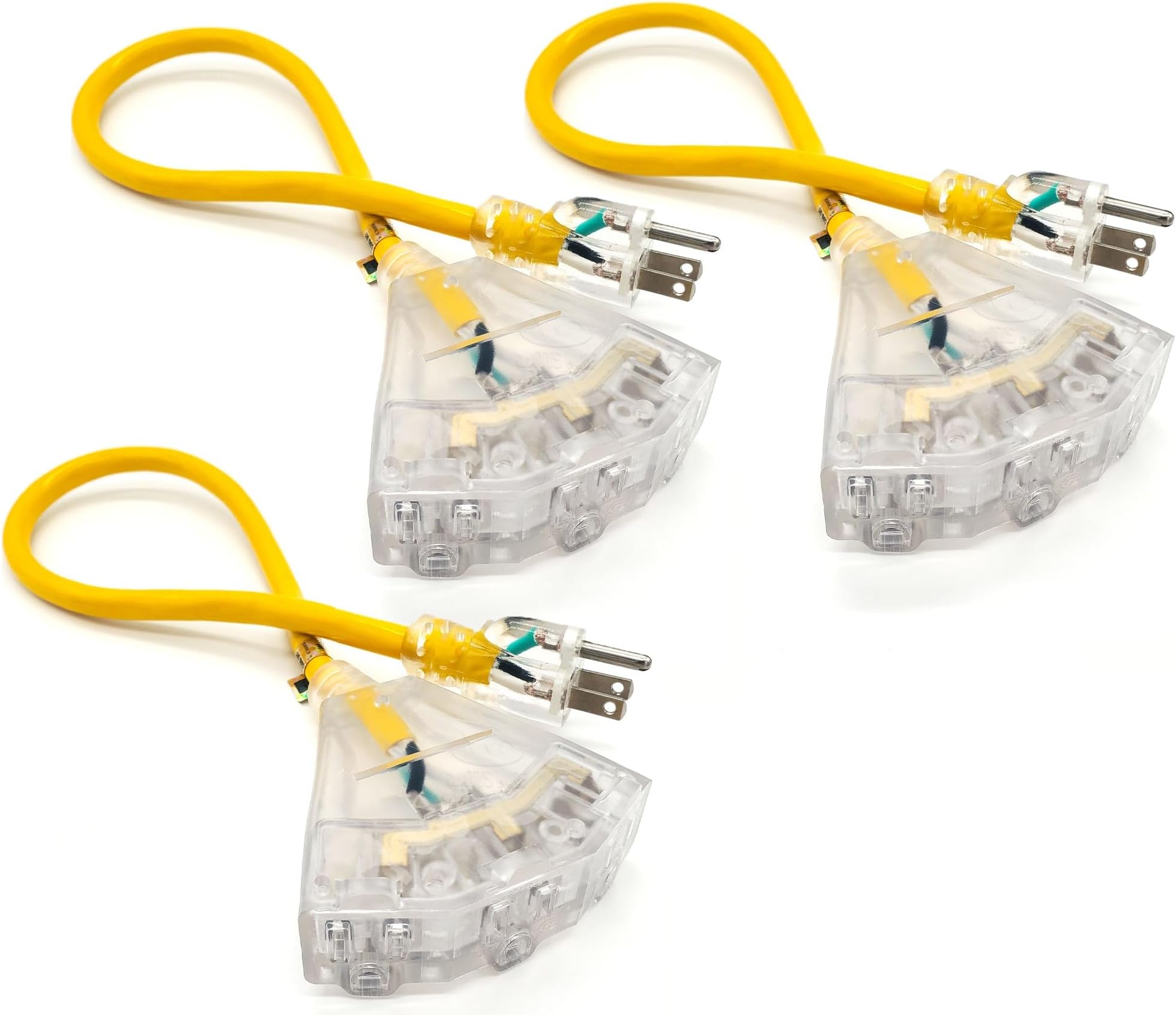 3 Pack 2 ft 12 Gauge Heavy Duty Extension Cord 3 Outlet Lighted