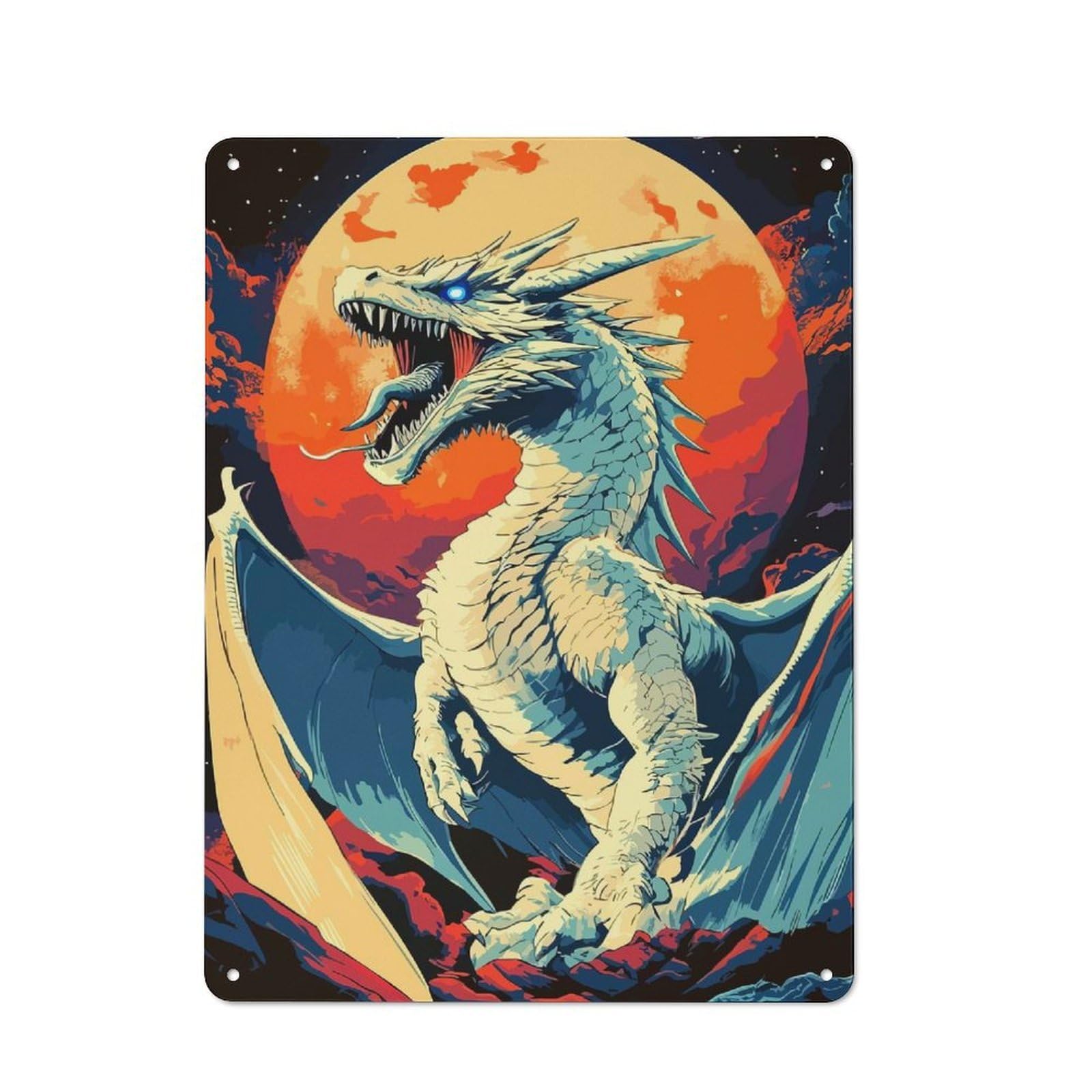 Junmoney White Dragon Roaring Under A Full Moon 40X30cm Retro Tin Sign With For Dining Room Or Kitchen, For Metal Sign Collectors, For Garage And Workshop Walls