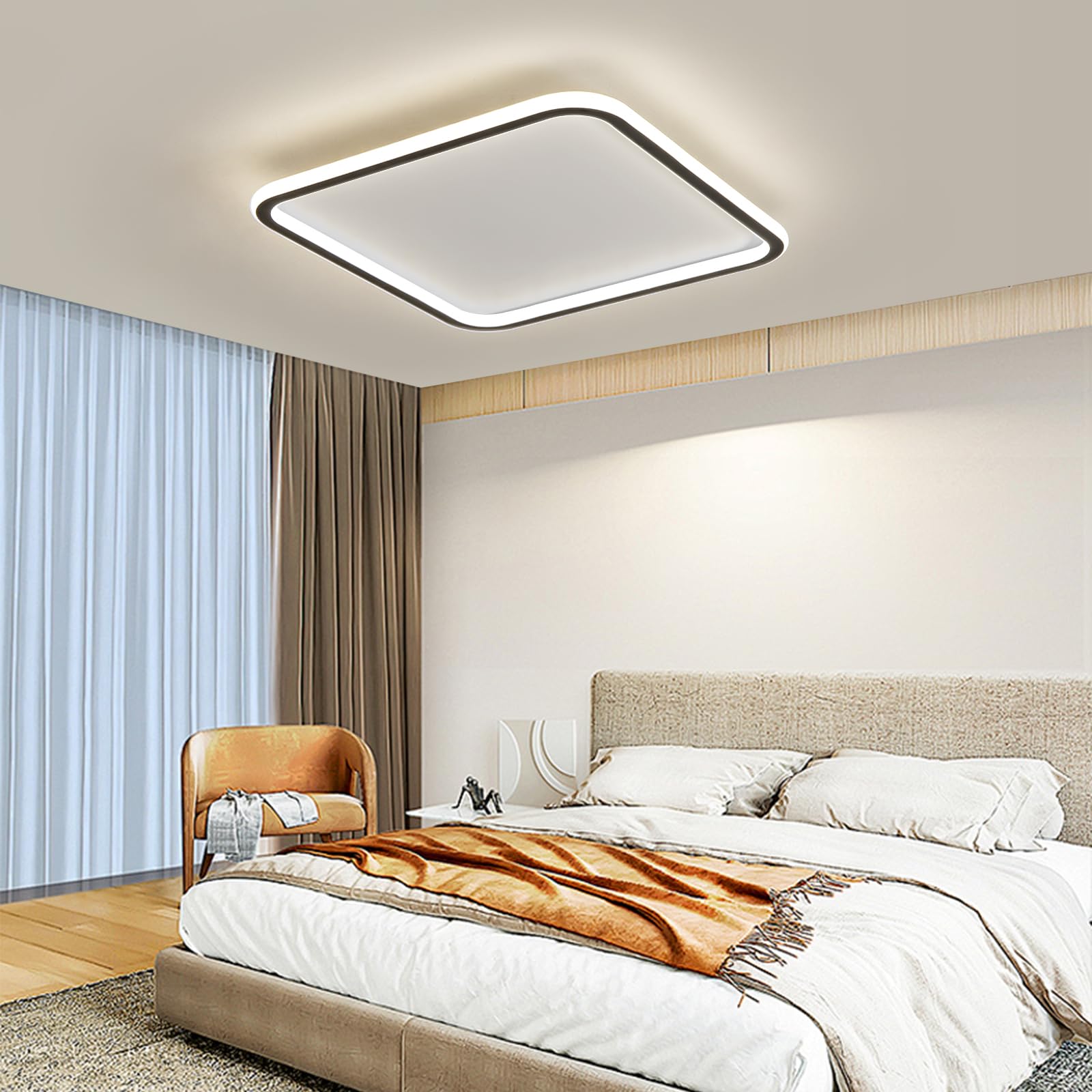 Mikeru LED Deckenleuchte ⌀60cm Quadrat - Moderne 3000K Warmweißes Licht Deckenlampe - Schwarz Acryl Wohnzimmer Deckenlampe für Schlafzimmer, Küche, Esszimmer - Energieeffiziente LED Beleuchtung