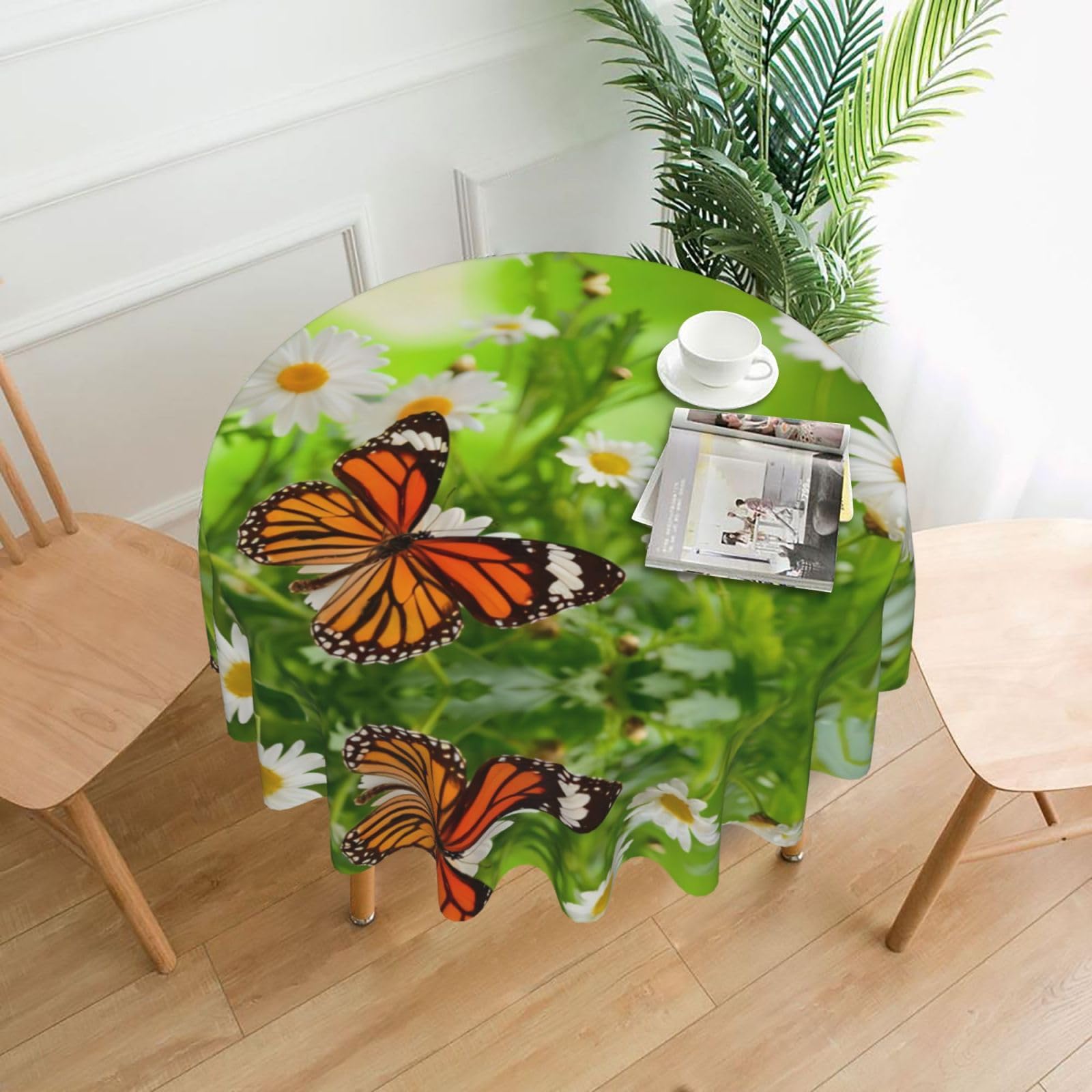 YYHWHJDE Butterfly On Daisy Flower Prints Round Decorative Table Throw 60in – Waterproof Table Cover for Elegant Dining & Outdoor Gatherings