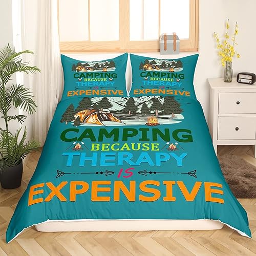 Miniatura 3 de Funda de edredón de camping en el bosque para camper Queen, juego de ropa de cama para cámper, funda de edredón de pinos de montaña de viaje feliz