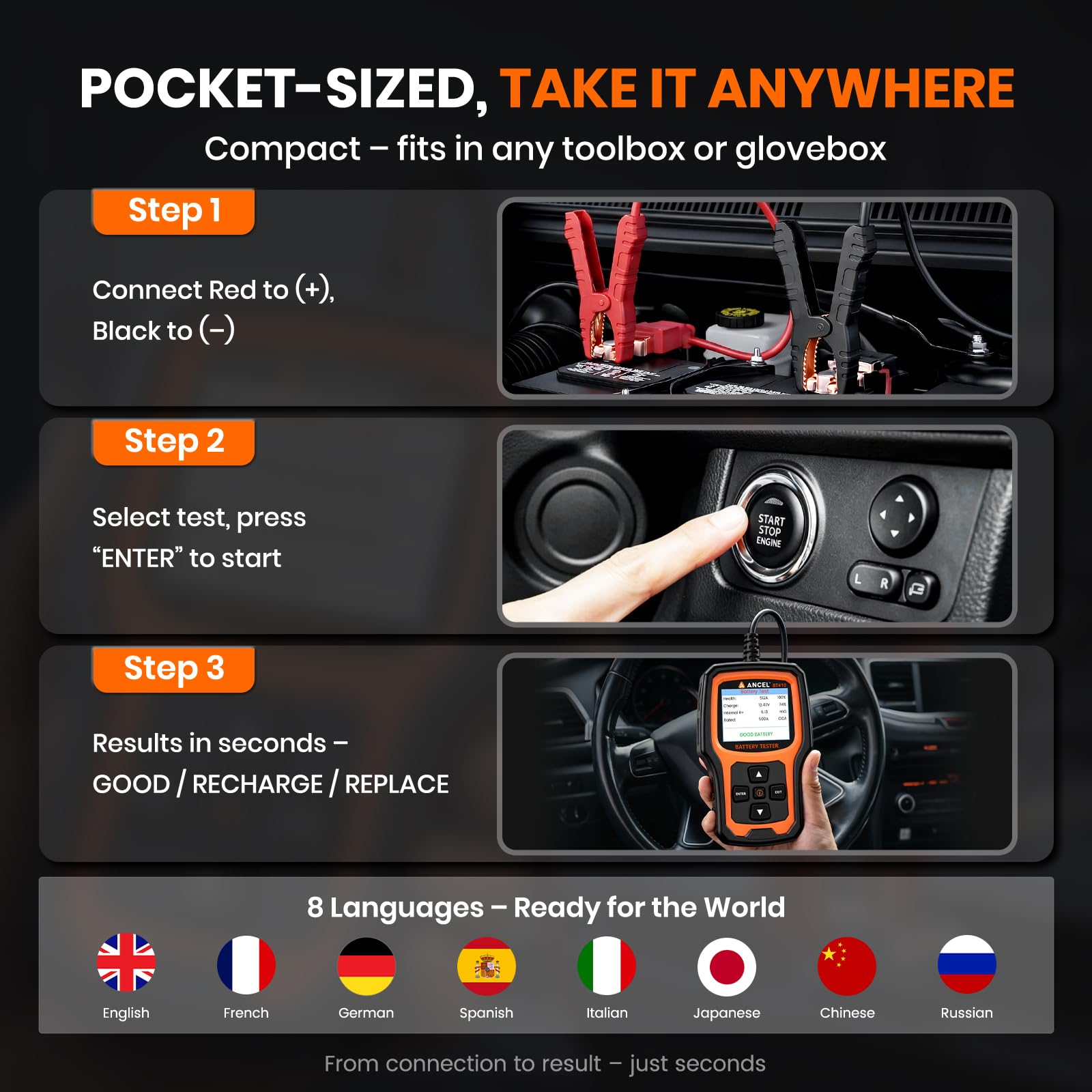 12V 24V Comprobador de Baterías de Coche 100-2000CCA para Plomo y Litio BAT | Probador de Batería de Coche con Prueba de Batería, Arranque, Carga y Alternador para ATV SUV Camión Moto Barco Yate