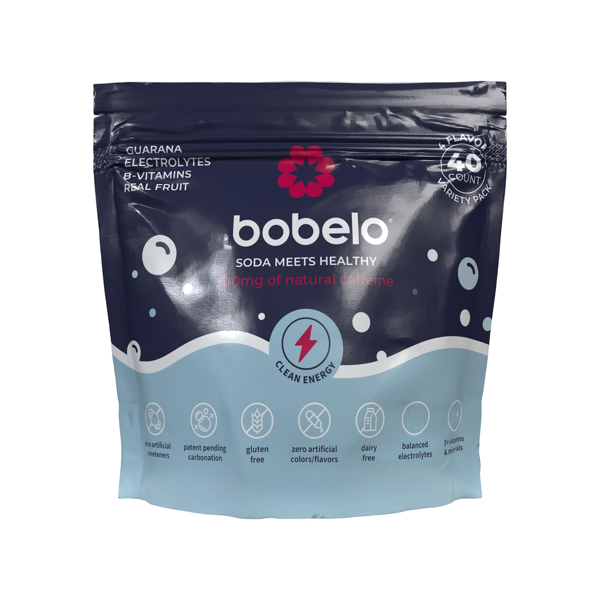 Bobelo Natural Energy Drink Powder - 4 Flavors Variety Pack, Sugar Free Self Carbonating Hydration Packets w/ 100mg Guarana Caffeine, Electrolyte