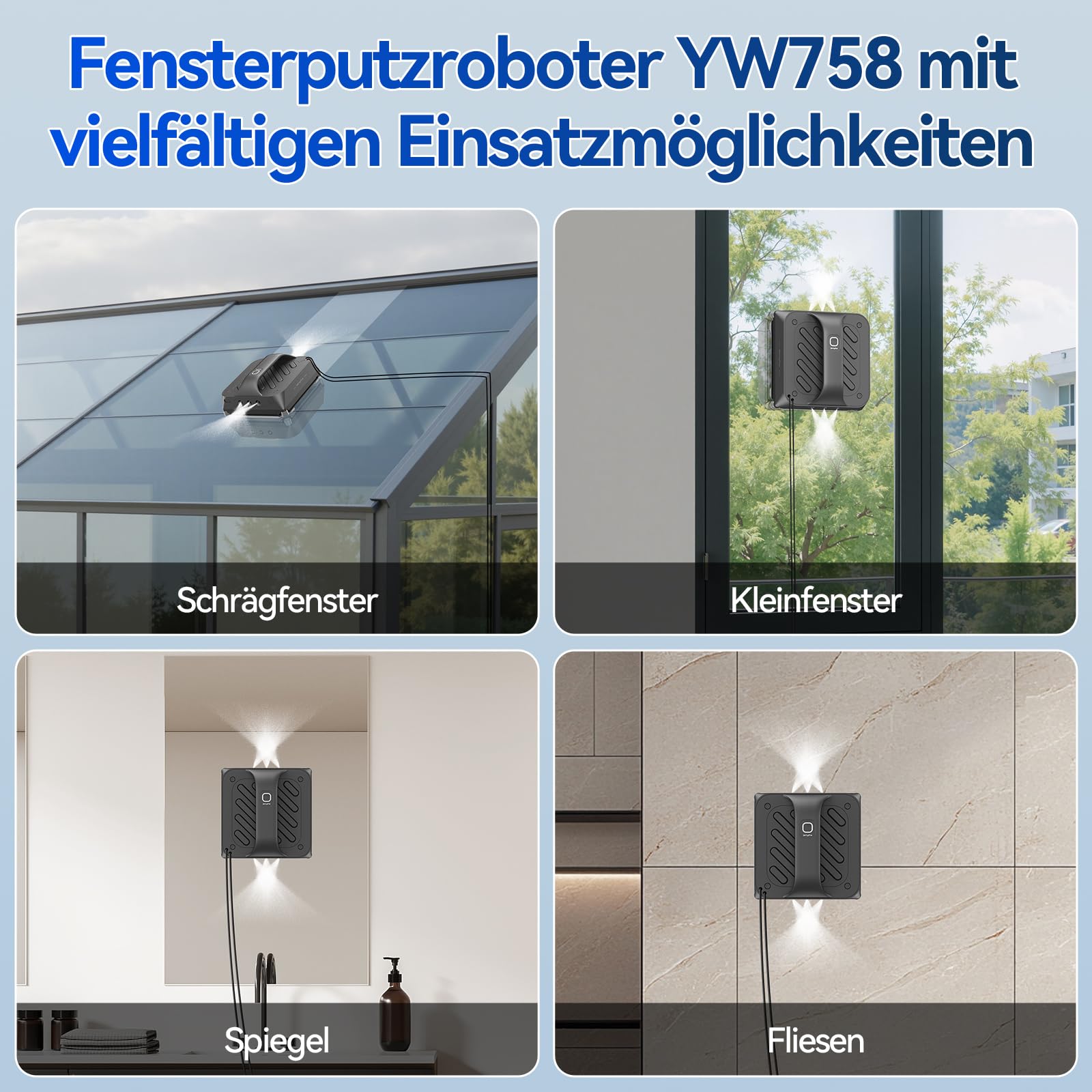 Fensterputzroboter mit 6 Wasserdüsen, 8000Pa Fensterreinigungsroboter mit Verschiedene Reinigungsmodi, Fensterroboter die Ansagesprache umschalten, Einfacher Handhabung für Innen/Außenfenster