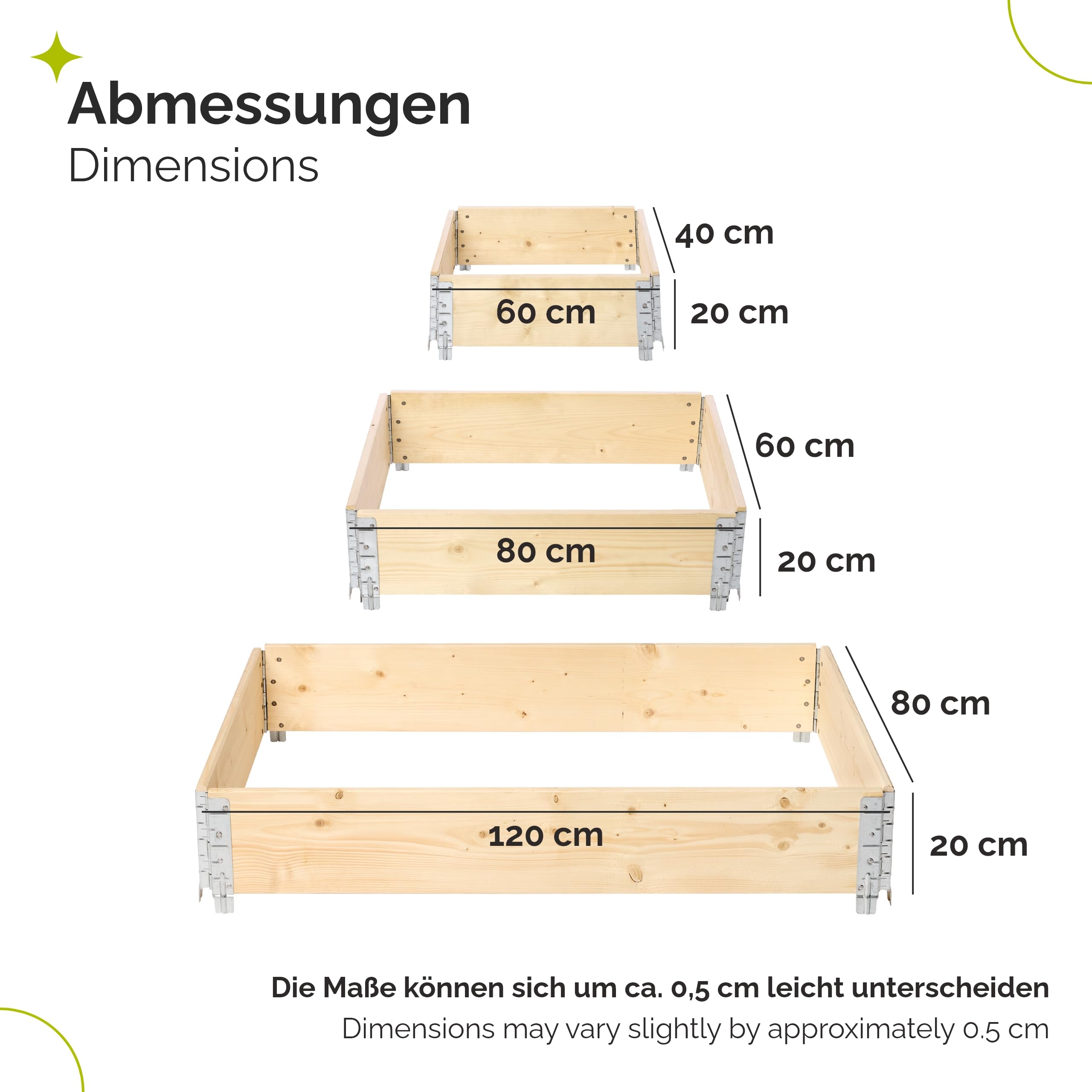 Garronda naturbelassene Hochbeete für Garten Palettenrahmen Hochbeet Holz für Pflanzen Blumen Kräuter Obst und Gemüse Natural 3-TLG. Set 1 Lieferumfang: 120x80x20 cm, 80x60x20 cm, 60x40x20 cm GD-0075