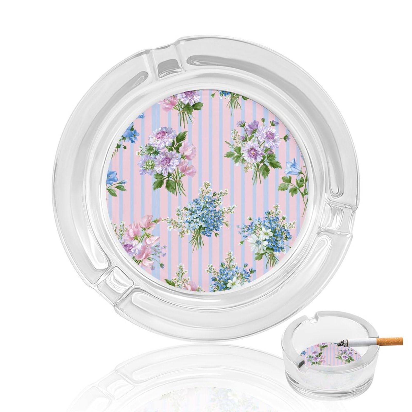 Watercolor Wildflower Bouquets Blue Stripes Glass Ashtray for Cigarettes Portable Decorative Ash Trays for Home Office Decor