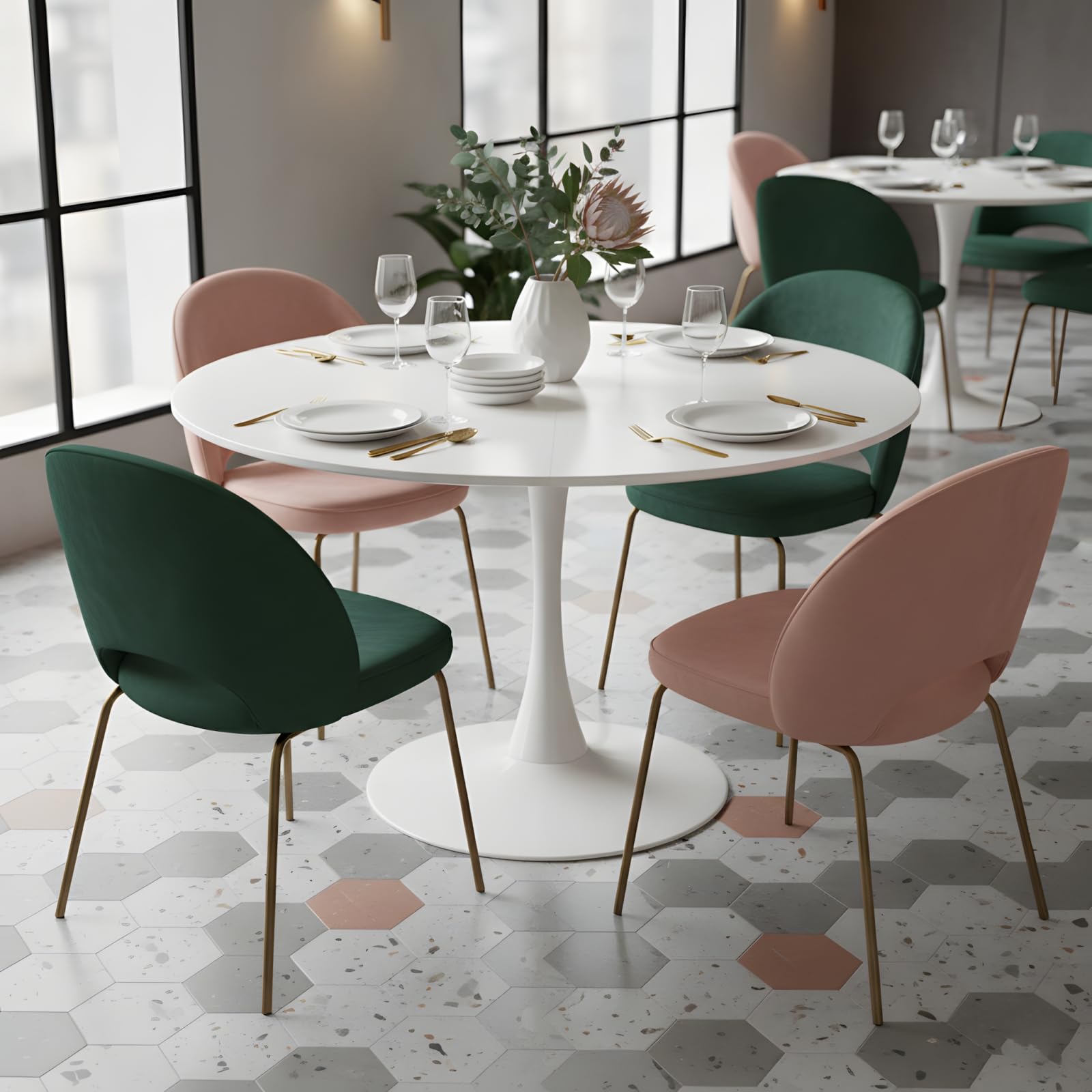 Table à Manger Ronde Blanche 110 cm, Table de Cuisine Ronde pour 4 à 6 Personnes, Style Scandinave, Pied Central Métal Stable, pour Cuisine, Salle à Manger, Salon, Bureau, Blanc
