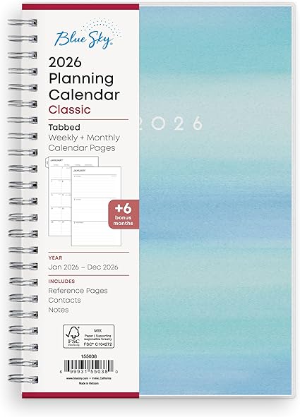 Blue Sky 2026 Weekly and Monthly Planner Calendar, January 2026 - December 2026, 5" x 8", Flexible Frosted Cover, Laminated Tabs, Durable Twin Wire Binding, Chloe