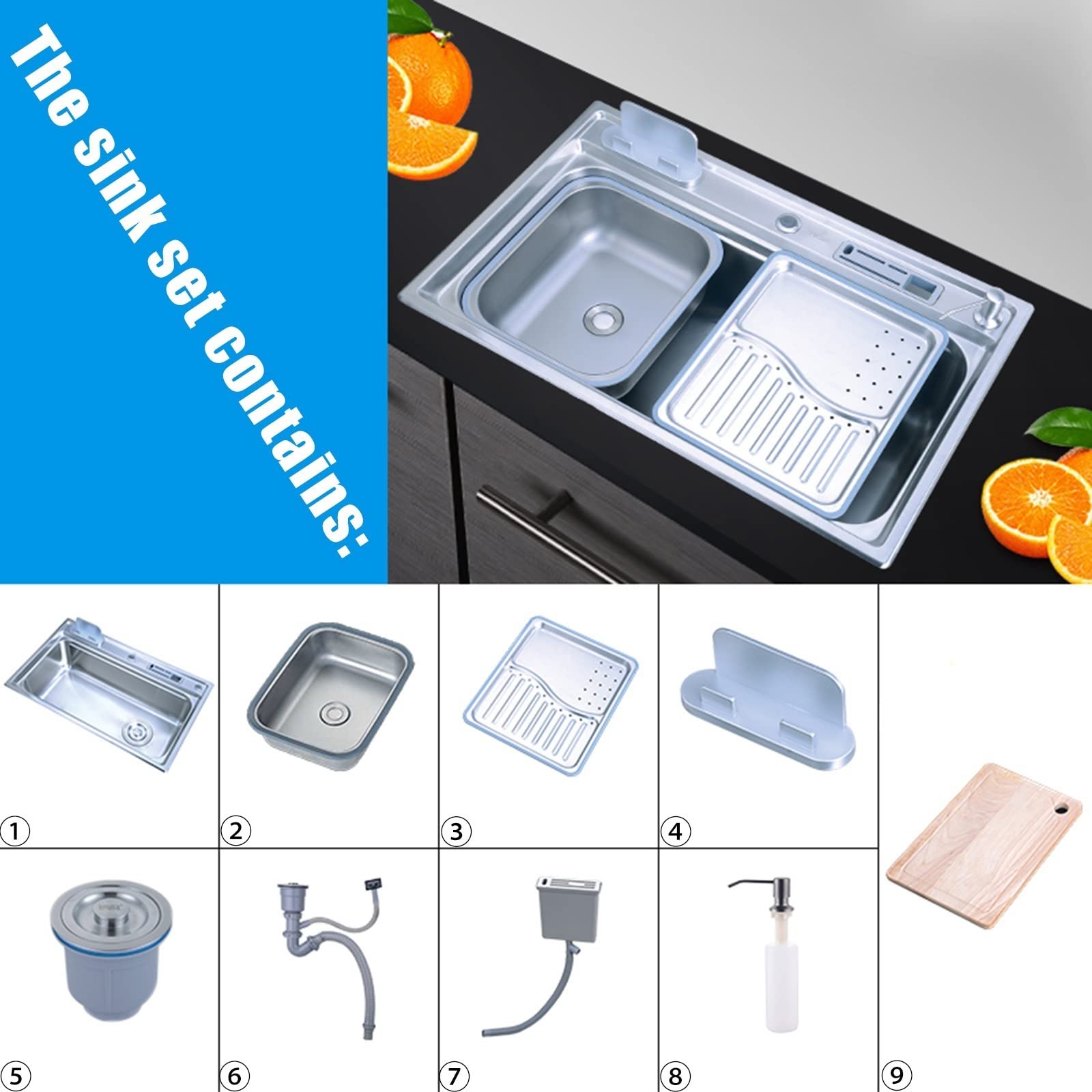 Fregadero de Cocina Kit de Desagüe para Fregadero de Barra de un Solo Seno Empotrable o Bajo Montaje, para Bares, Balcones/Plata/78X48X22Cm