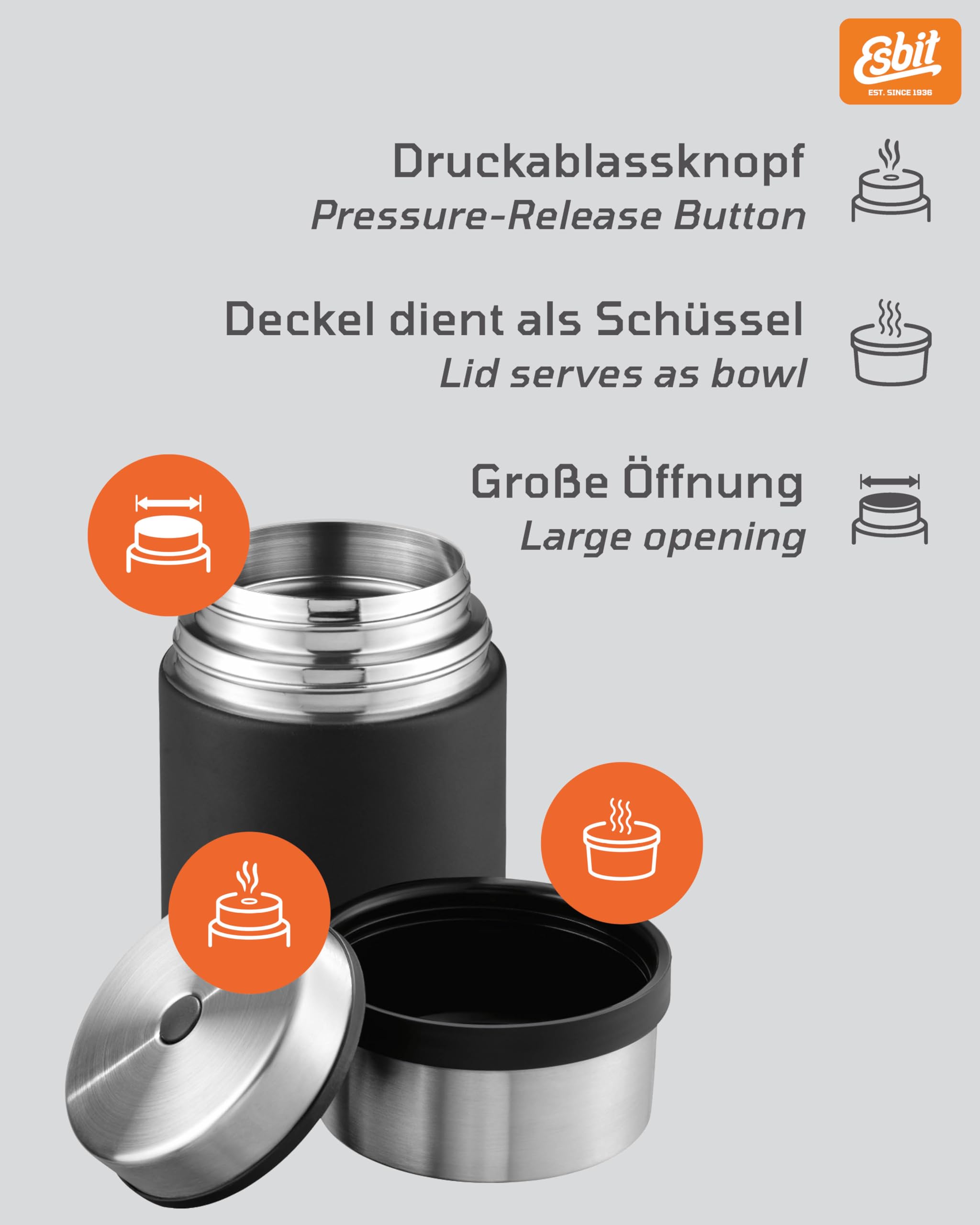 Esbit Thermobehälter Sculptor für Essen - Warmhaltebehälter 750 ml in Schwarz - aus Edelstahl für warme und kalte Speisen