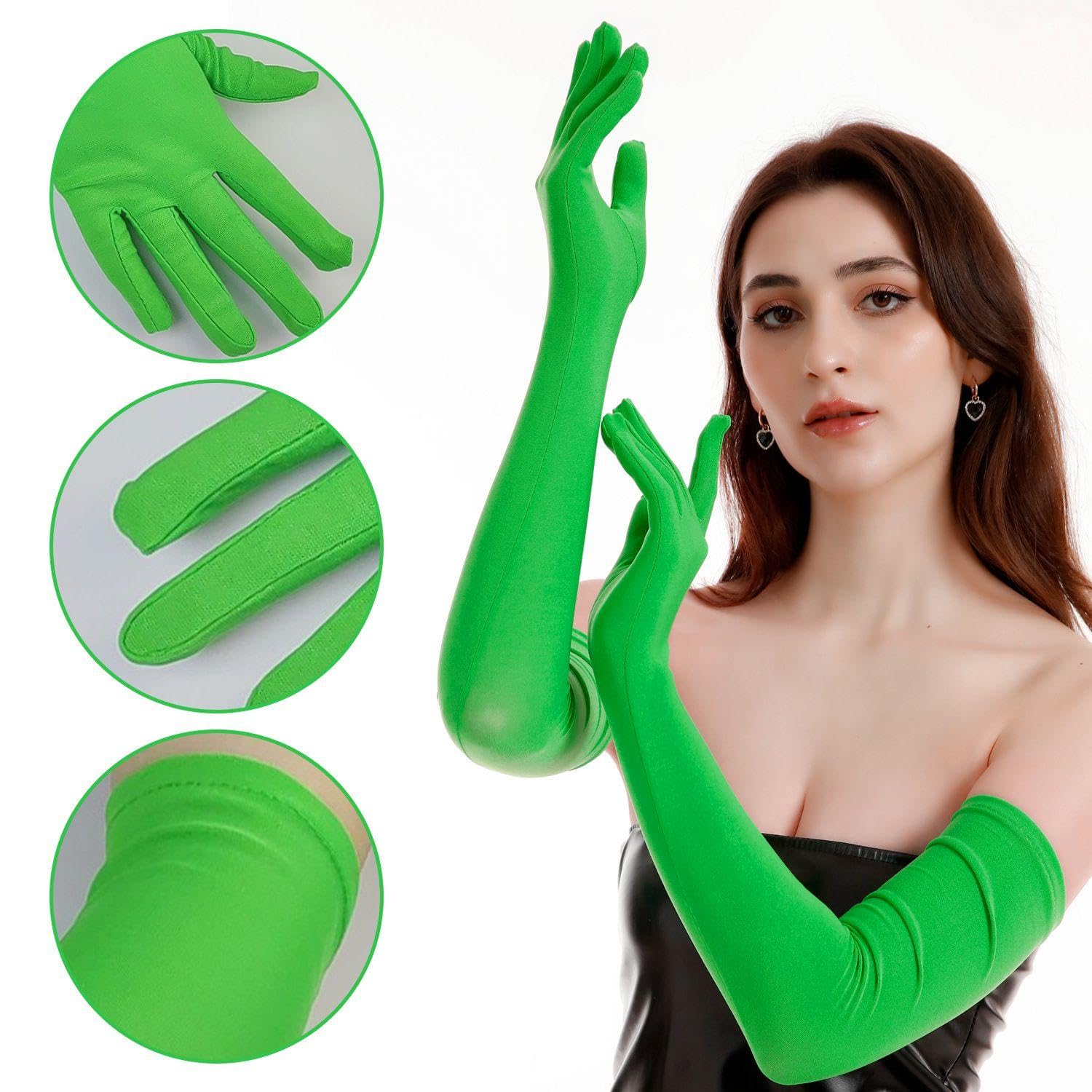 NIDHFG 1 Pair Of Green Long Gloves, 1 Piece Of Explosive Head Wig, Simple And Fashionable, Stage Performance Dress Gloves - Image 3