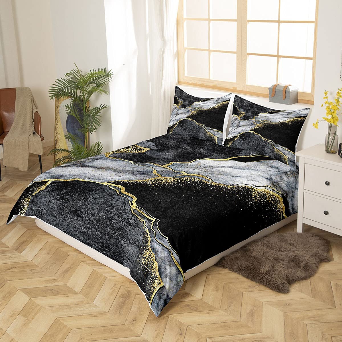 Set Lenzuola Marmo Nero E Oro King Size - Lussuoso Per Letti Matrimoniali, Design Elegante - Foto 2