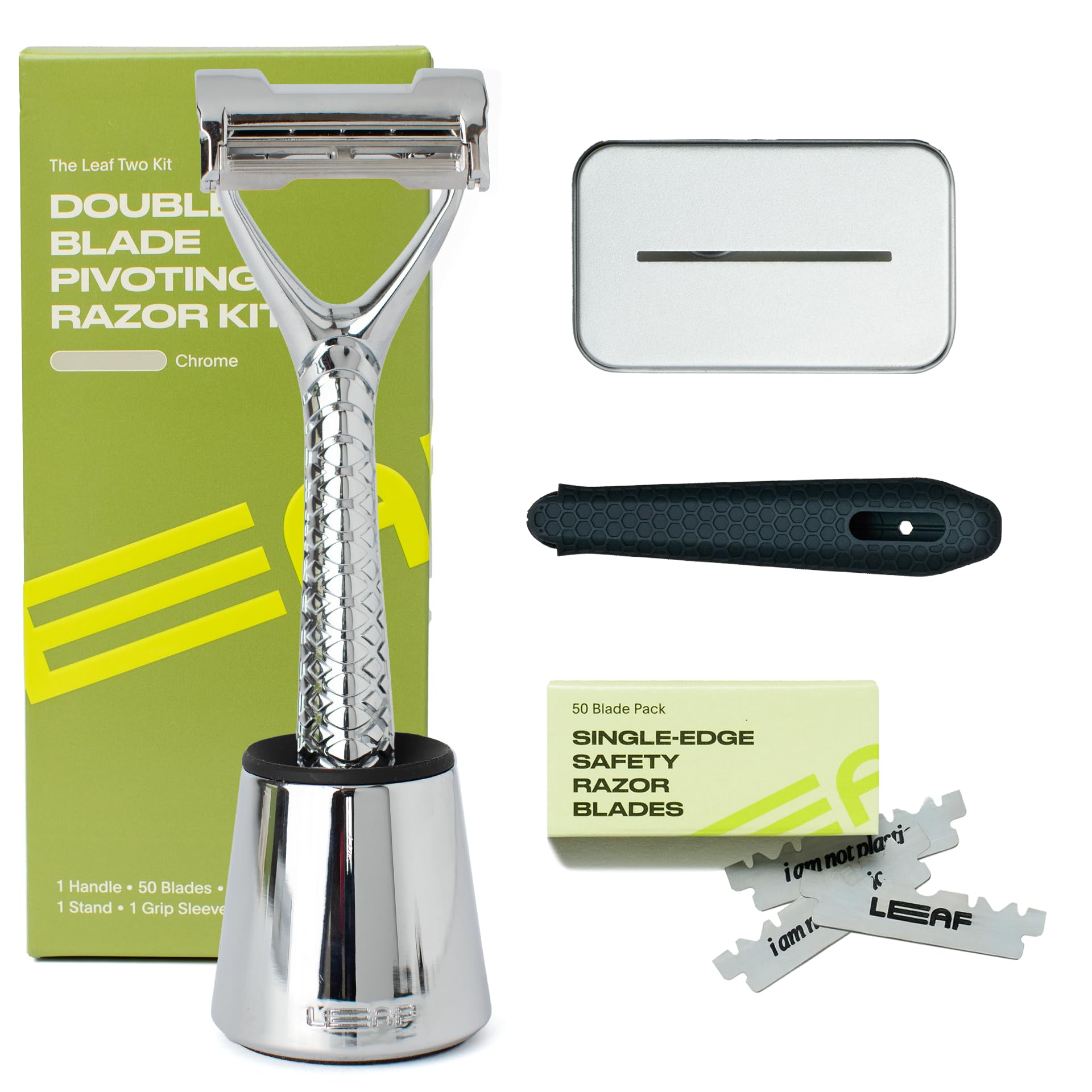Leaf Shave | Leaf Two Kit, All-Metal, Two-Blade Safety Razor with Pivoting Head, Includes Matching Stand, Black Silicone Handle Grip, 50 Single-Edge Refills & Recycling Bank for Used Blades - Chrome