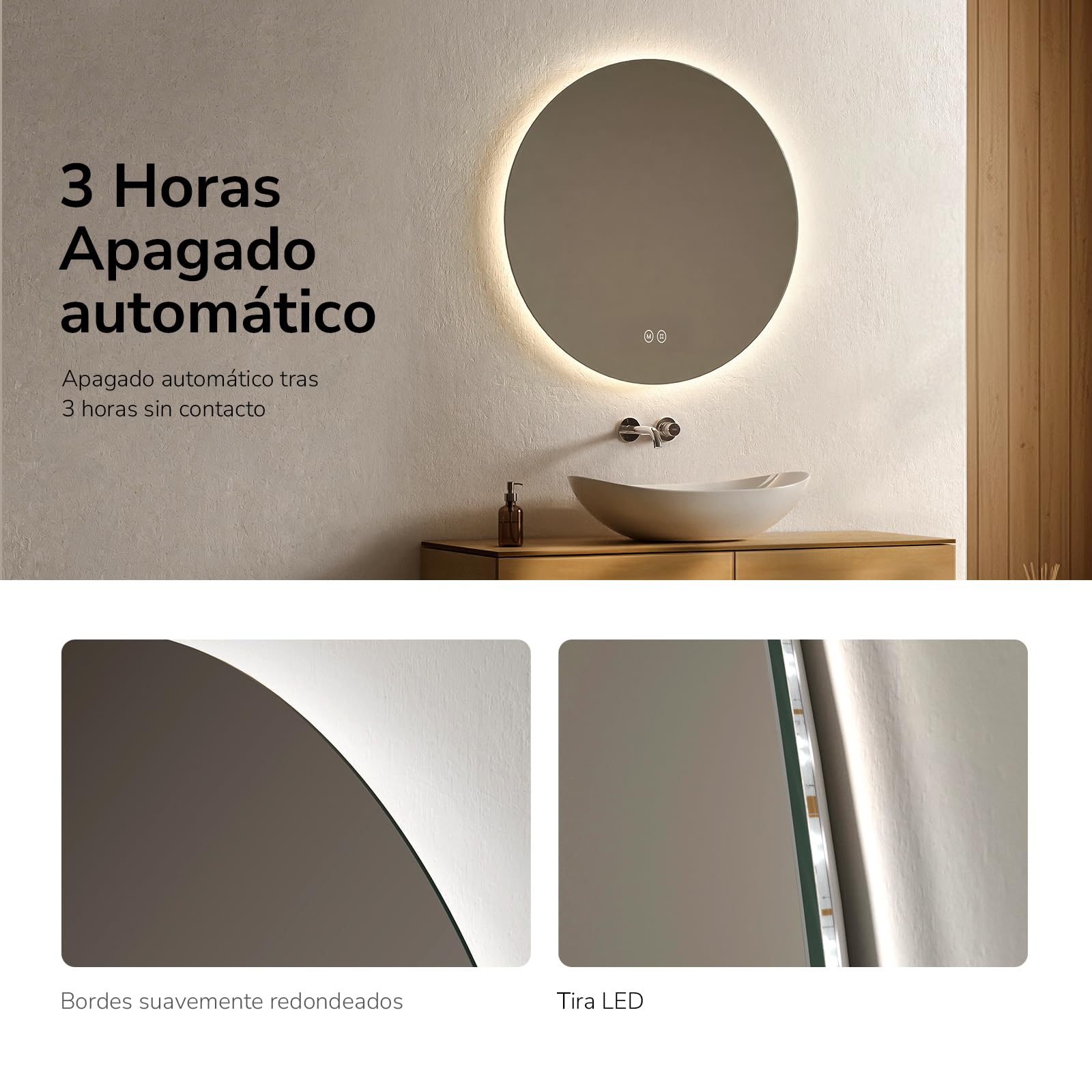 EMKE Espejo LED de Baño Redondo 80 cm,3 Temperaturas de Color