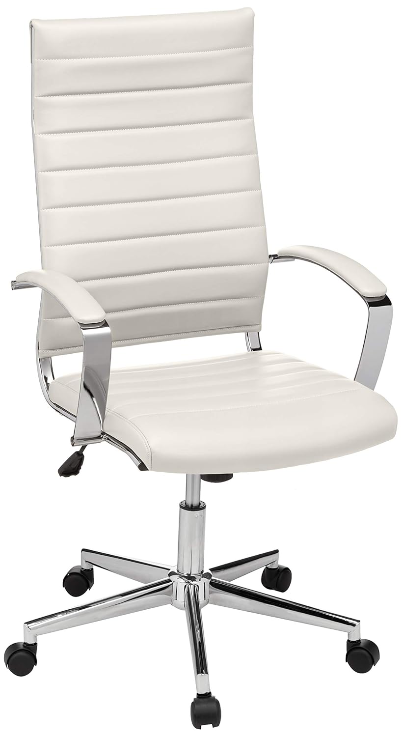 Amazon Basics High-Back Swivel Desk Chair Ergonomic Ribbed Faux Leather Upholstery Lumbar Support Home Modern Style Stunning White