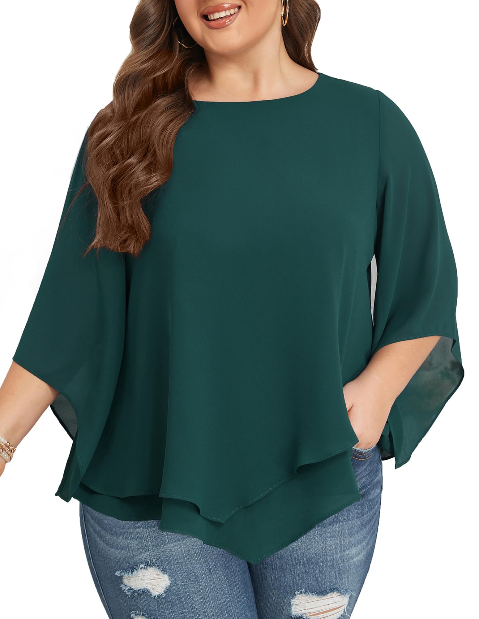 Hanna Nikole Damen Große Größen Chiffon Blusen 3/4 Ärmel Doppellagige Hemd Flowy Elegant Tops Lose Long Shirt