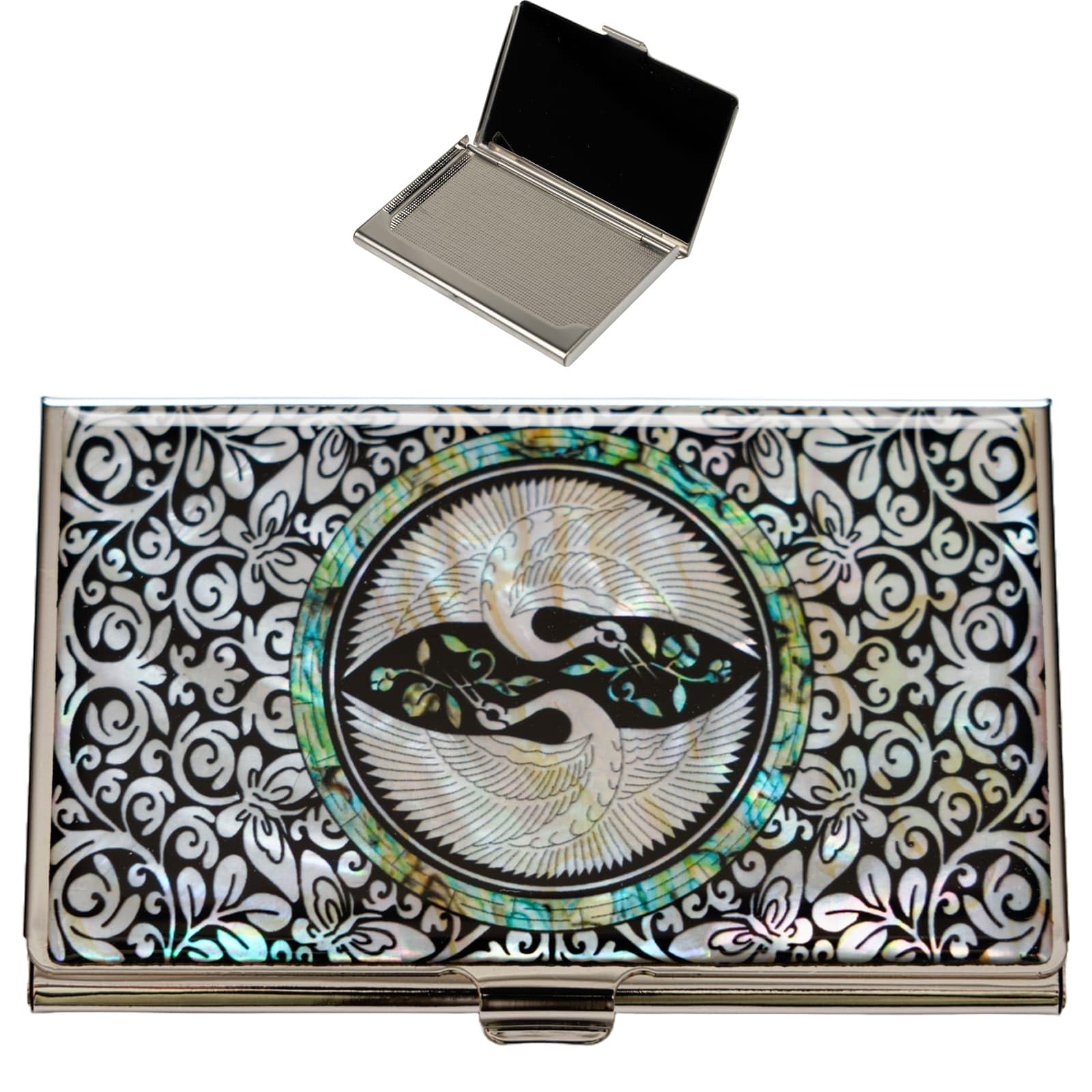 February Mountain Mother of Pearl Business Card Case - Korea Traditional Gifts, Slim Metal Holder for Business &amp; Credit Cards, Pocket-Sized Purse Wallet (Love)